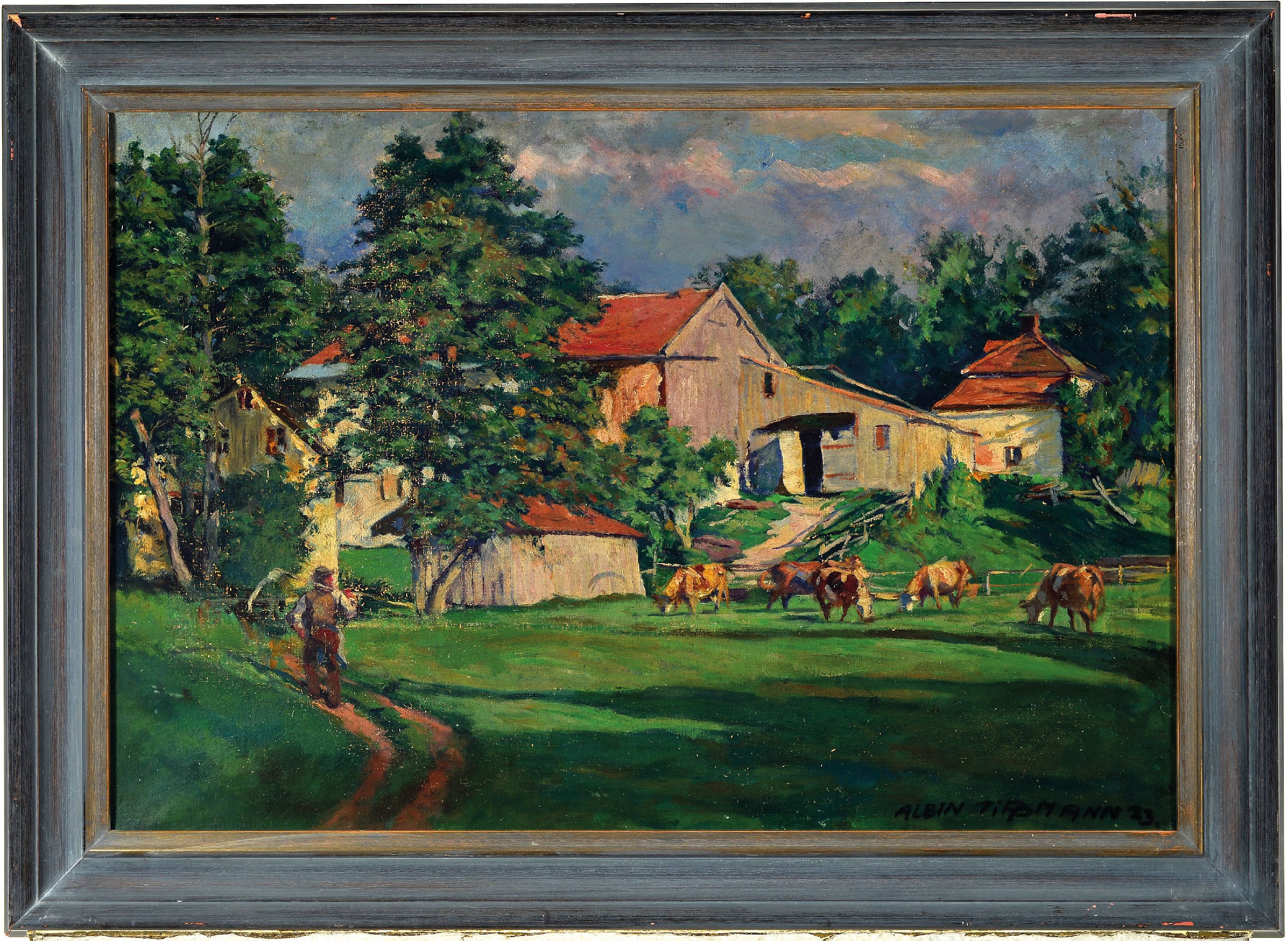 Detail k: Albin Tippmann, 1873 Wurzen-1952 München, Blick auf ein Gehöft mit Vieh und Bauer, gekonntes Spiel mit Licht und Schatten, rechts unten signiert ...
