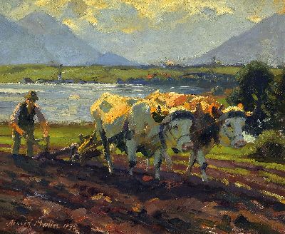 Image Arnold Möller,1886 Bückeburg-1963 Bruckmühl, ´Am Riegsee´, pflügender Bauer mit ...