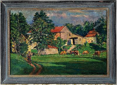 27010662k - Albin Tippmann, 1873 Wurzen-1952 München, Blick auf ein Gehöft mit Vieh und Bauer, ...