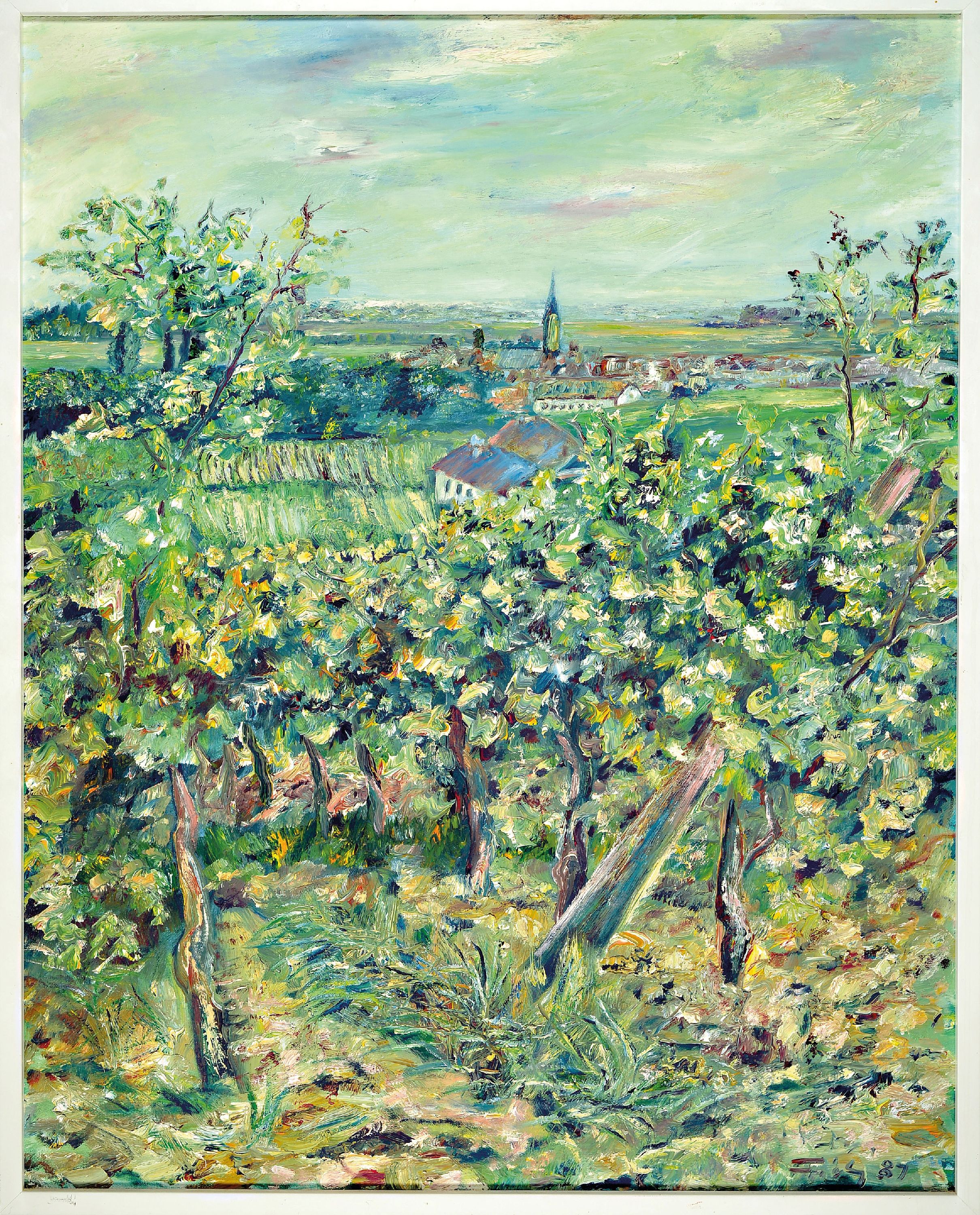 Detail k: Florian Frieling, 1939 Leverkusen-1994 Deidesheim, pfälzer Rebenlandschaft mit Blick Deidesheim, rechts unten signiert und datiert 1987, Öl/Lwd, ...