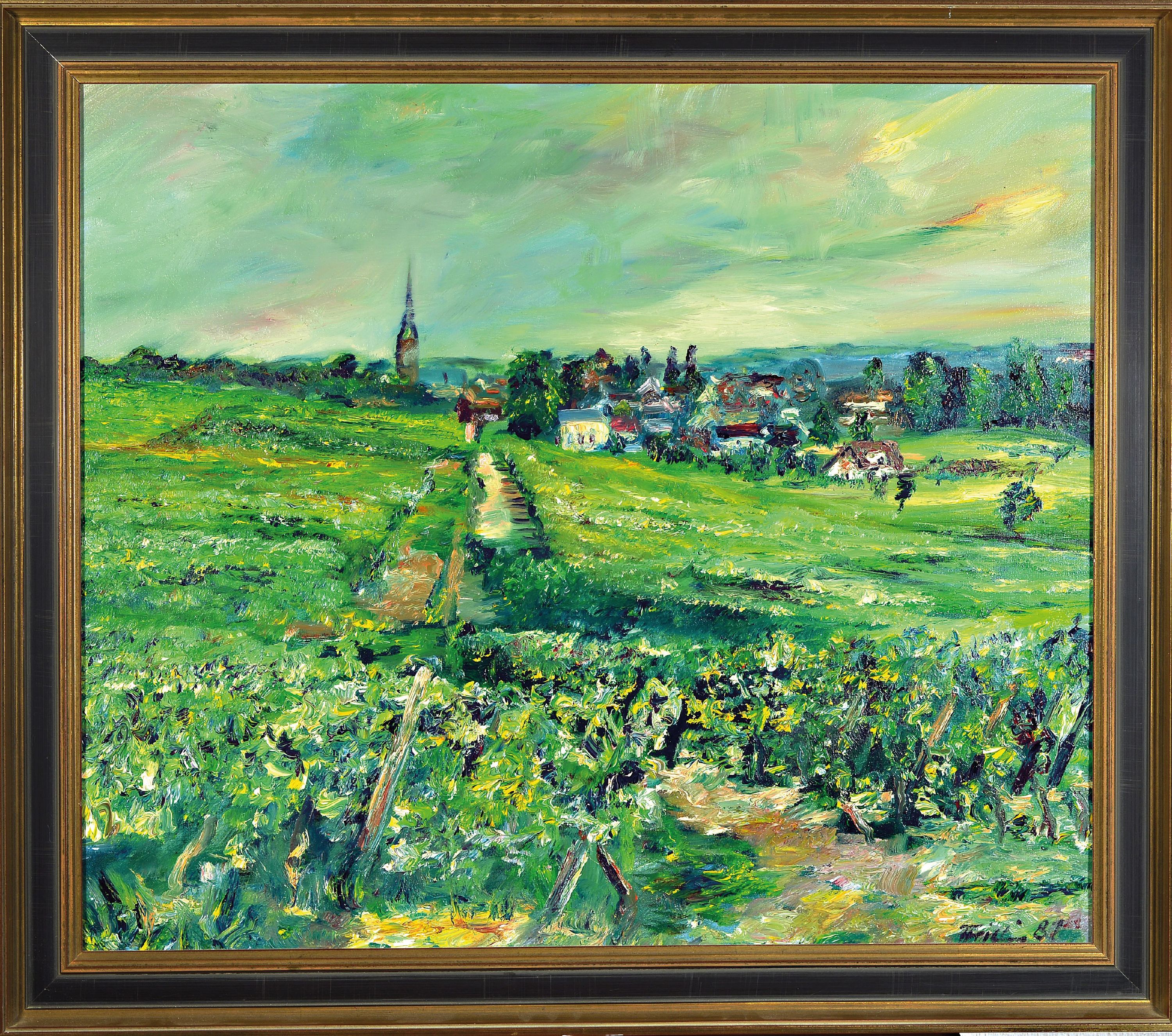 Detail k: Florian Frieling, 1939 Leverkusen-1994 Deidesheim, pfälzer Rebenlandschaft mit Blick wohl auf Deidesheim, rechts unten signiert und datiert 1987, ...