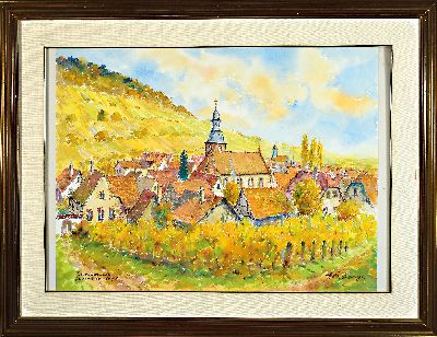 27010893k - Heiner Deege, 1920 Haßloch-2007, Aquarell, ´Pleisweiler-Deutsche Weinstraße´, ...
