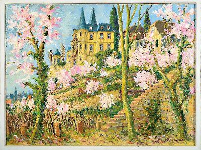 27010894k - Heiner Deege, 1920 Haßloch-2007, Haarder Schloss bei Neustadt, Frühlingslandschaft, ...