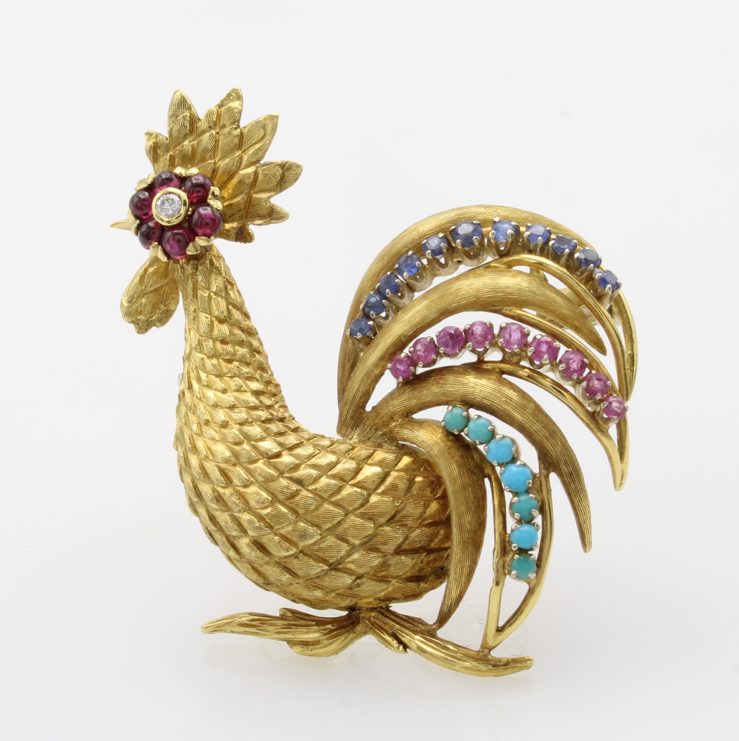 Image 27010919 - Brosche ´Hahn´ mit Farbsteinen und Diamant, GG 750/000, Rubine, Saphire u. Türkise, ...