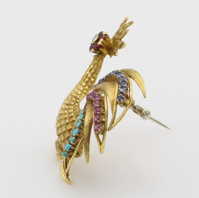 27010919a - Brosche ´Hahn´ mit Farbsteinen und Diamant, GG 750/000, Rubine, Saphire u. Türkise, ...