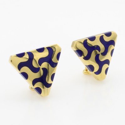 27010951a - Paar Ohrstecker mit Lapislazuli, GG 750/000,dreieck. Form, mit Clipbrisur Schätzpreis: ...