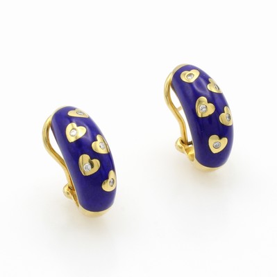 27011039a - Paar Ohrstecker mit Lapislazuli und Brillanten, GG 750/000, Brill. in herzförm. ...