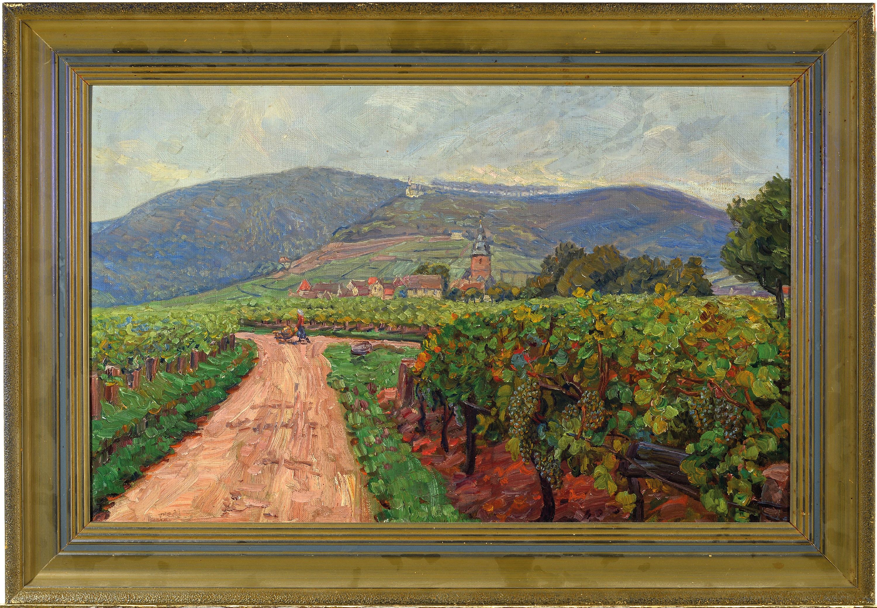 Detail k: Heinrich Strieffler, 1872 Neustadt-1949 Landau, Blick über spätsommerliche Reben auf Burrweiler, Öl/Lwd auf Platte doubliert, verso von der ...