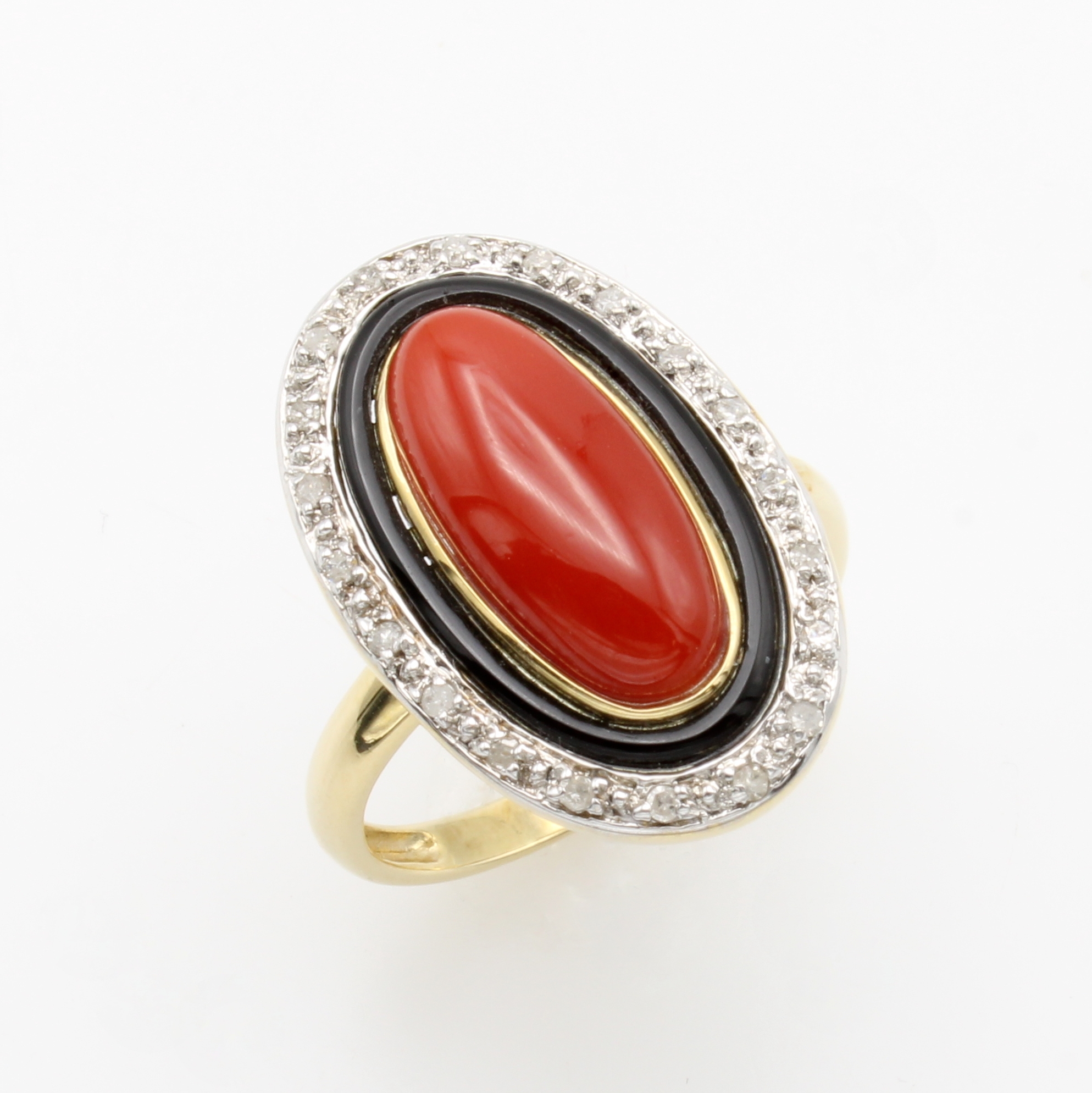 Image 27011261 - Ring mit Koralle und Diamanten, GG 585/000, ovaler Korallcabochon, Onyxumrandung, 20 ...