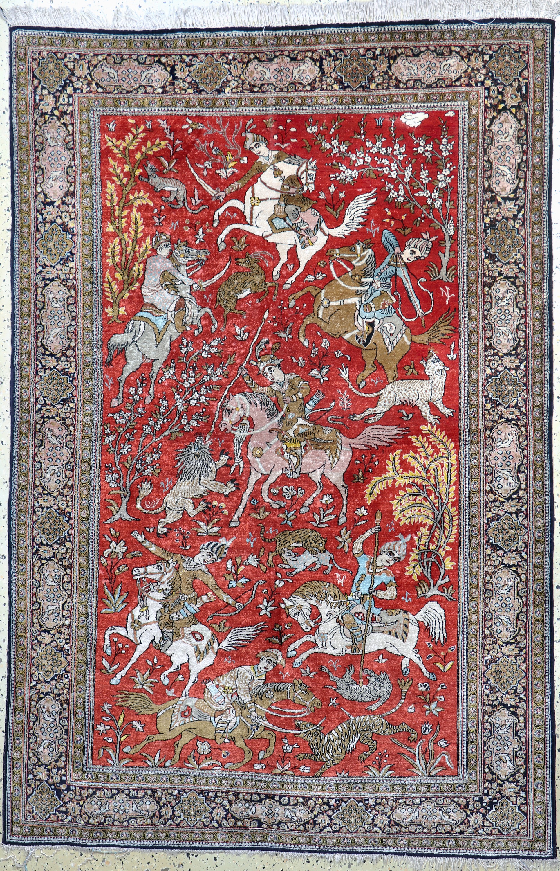Ghom Seide"Jagd-Motiv", Persien, Mitte 20.Jhd, reine Naturseide, ca. 205 x 140 cm, EHZ: 2