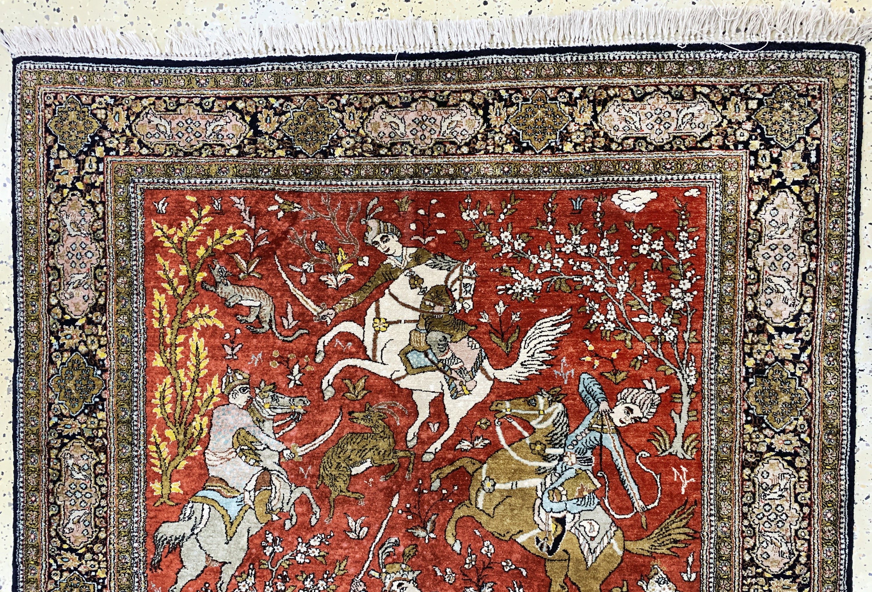 Detail a: Ghom Seide"Jagd-Motiv", Persien, Mitte 20.Jhd, reine Naturseide, ca. 205 x 140 cm, EHZ: 2