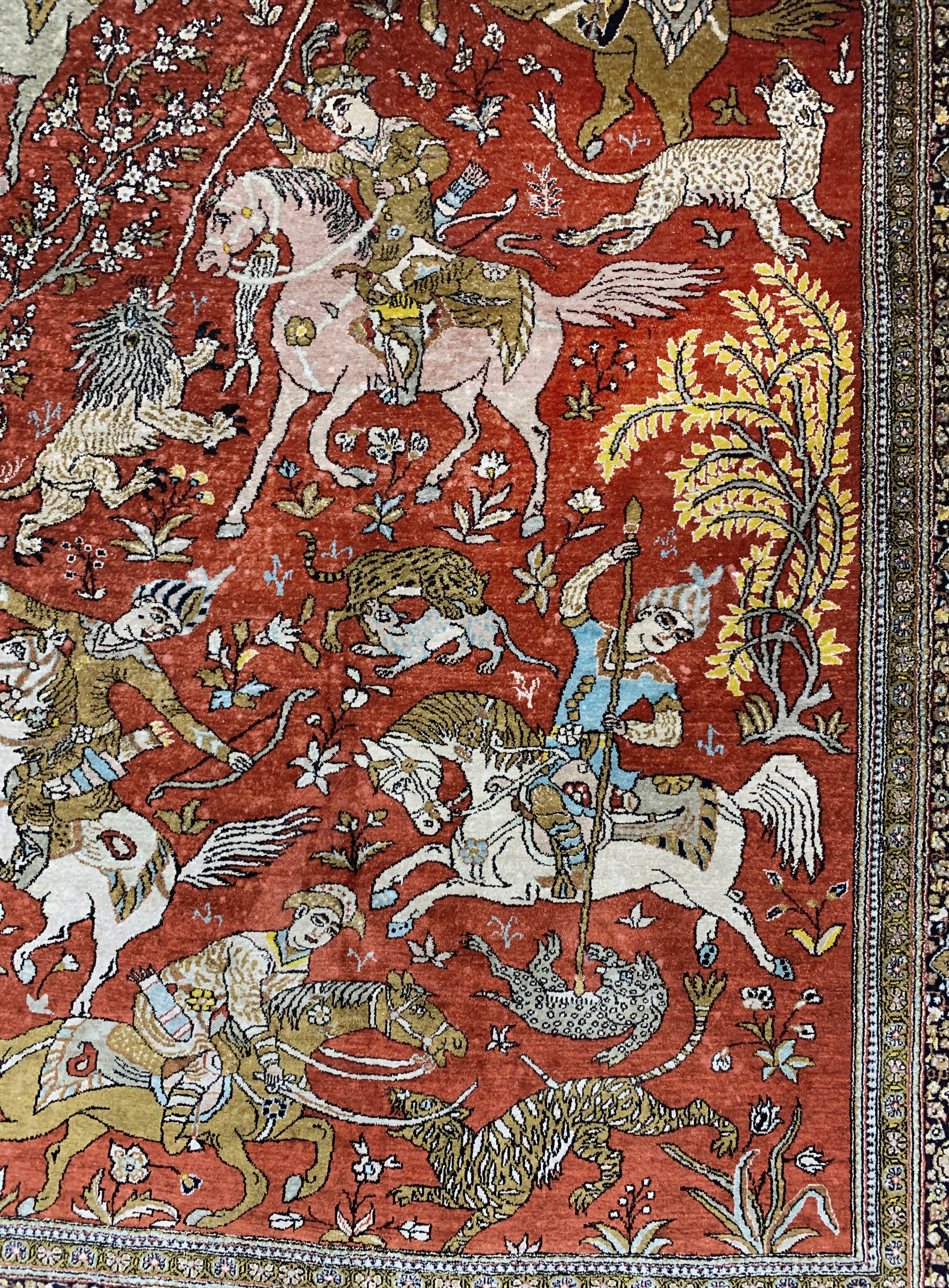 Detail e: Ghom Seide"Jagd-Motiv", Persien, Mitte 20.Jhd, reine Naturseide, ca. 205 x 140 cm, EHZ: 2