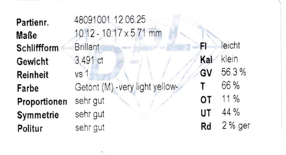 Detail b: Loser Brillant 3.491 ct get.(M)-very light yellow/vs 1, Vorab-Graduierung DPL 06/25