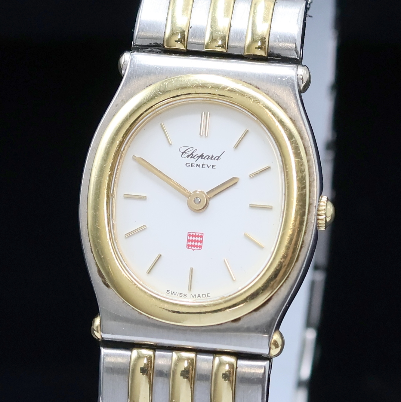 Detail a: CHOPARD Damenarmbanduhr Monte-Carlo Referenz 8034, Schweiz um 1995, quarz, Edelstahl/Gold kombiniert inkl. Gliederband m. dopp. Faltschließe, Boden ...