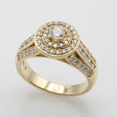 27011458a - Ring mit Brillanten, GG 585/000, runder Ringkopf u. geteilte Ringschultern bes. m. ...