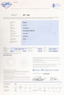27011477c - Loser Brillant 0.72 ct hochfeines Weiß (E)/ lupenrein, DPL Expertise 08/2007