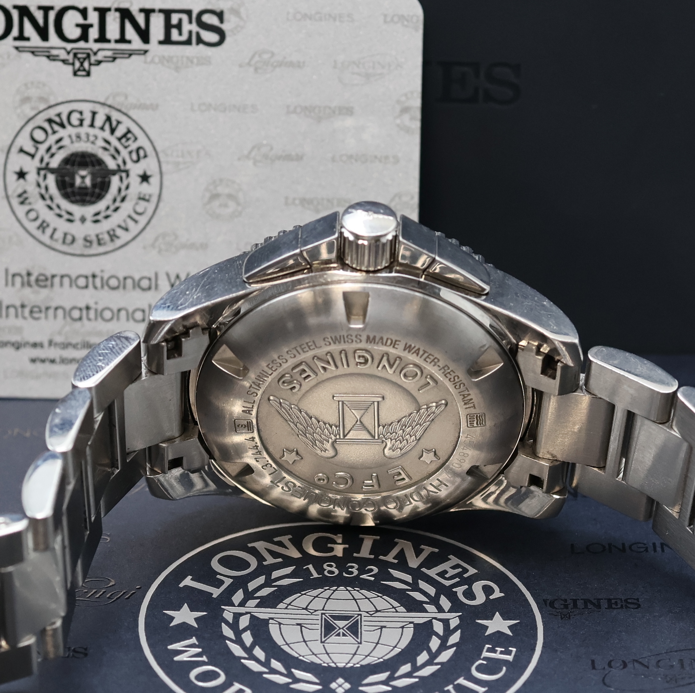 Detail d: LONGINES Hydro Conquest Armbandchronograph Referenz L3.744.4, Schweiz verk. lt. beil. Pap. 12/2017, Automatik, Edelstahlgeh. inkl. orig. Gliederband ...