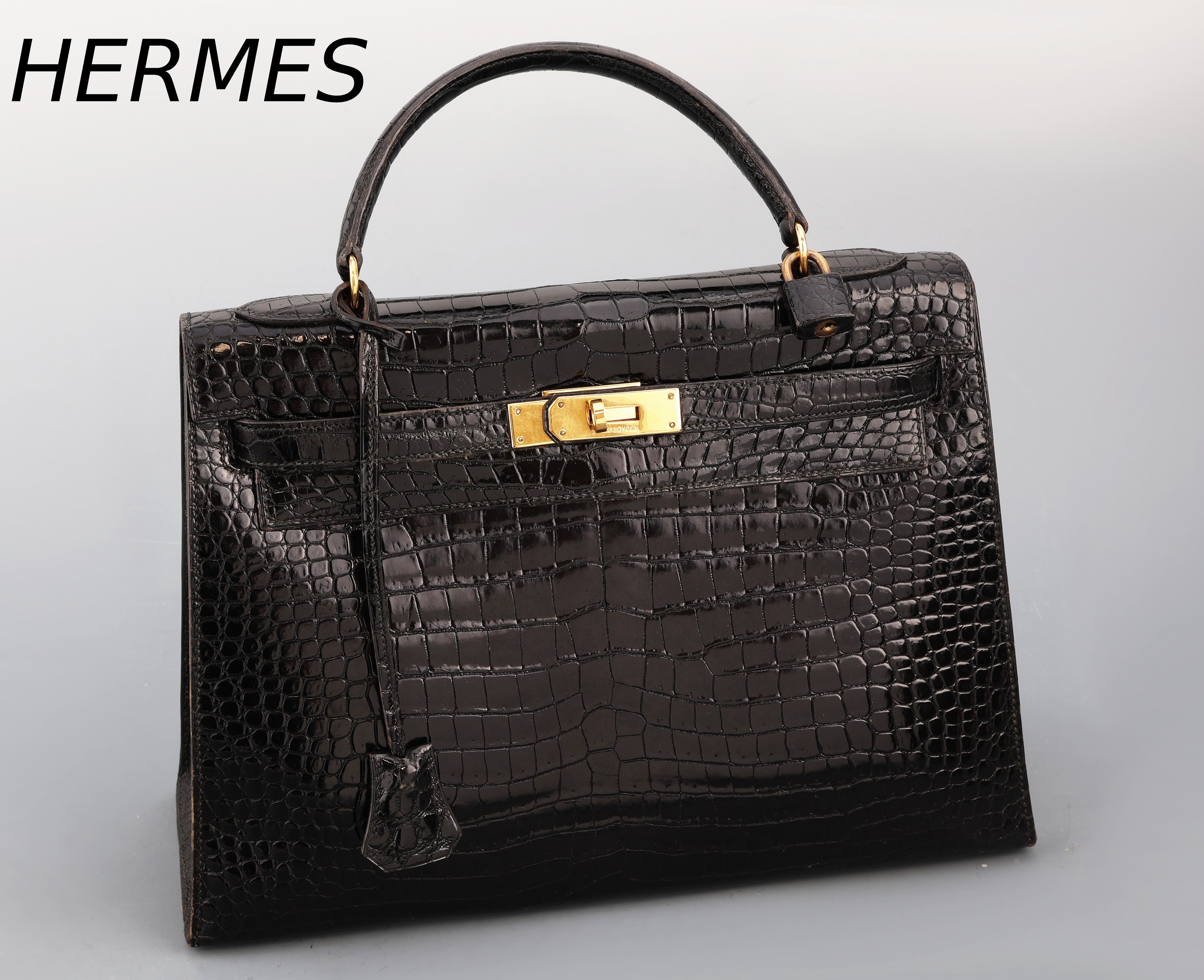 Image 27011693 - HERMES Kelly Bag 32, Shiny Porosus Crododile in Schwarz, 1978, Innenausstattung in ...