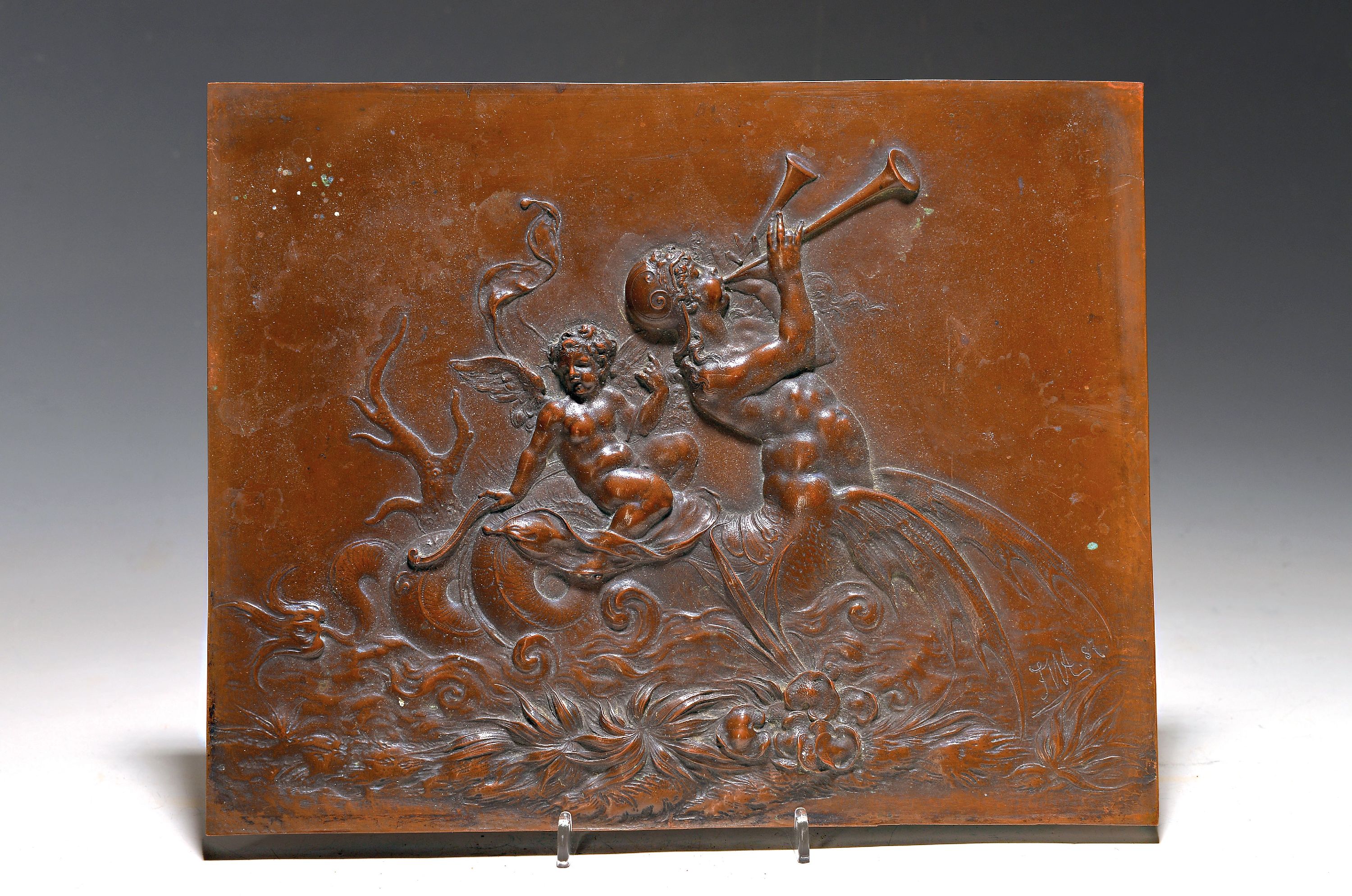Image 27011699 - Relief, Frankreich, dat. (18)87, monogr. F.W., Bronze, Meeresgott auf Wellen, ca. 25x31cm