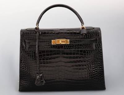 27011693a - HERMES Kelly Bag 32, Shiny Porosus Crododile in Schwarz, 1978, Innenausstattung in ...