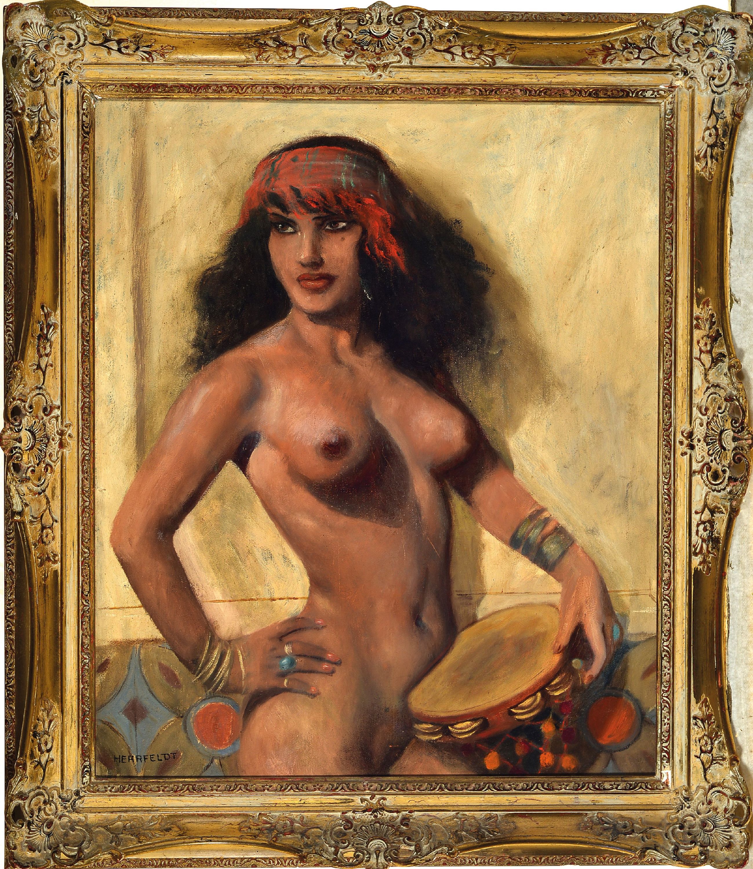 Detail k: Marcel Rene von Herrfeldt, 1889 Paris-1965 München, weiblicher Akt einer exotischen Tänzerin mit Tambourin, li. unten sign., Öl/Lwd, l. ...
