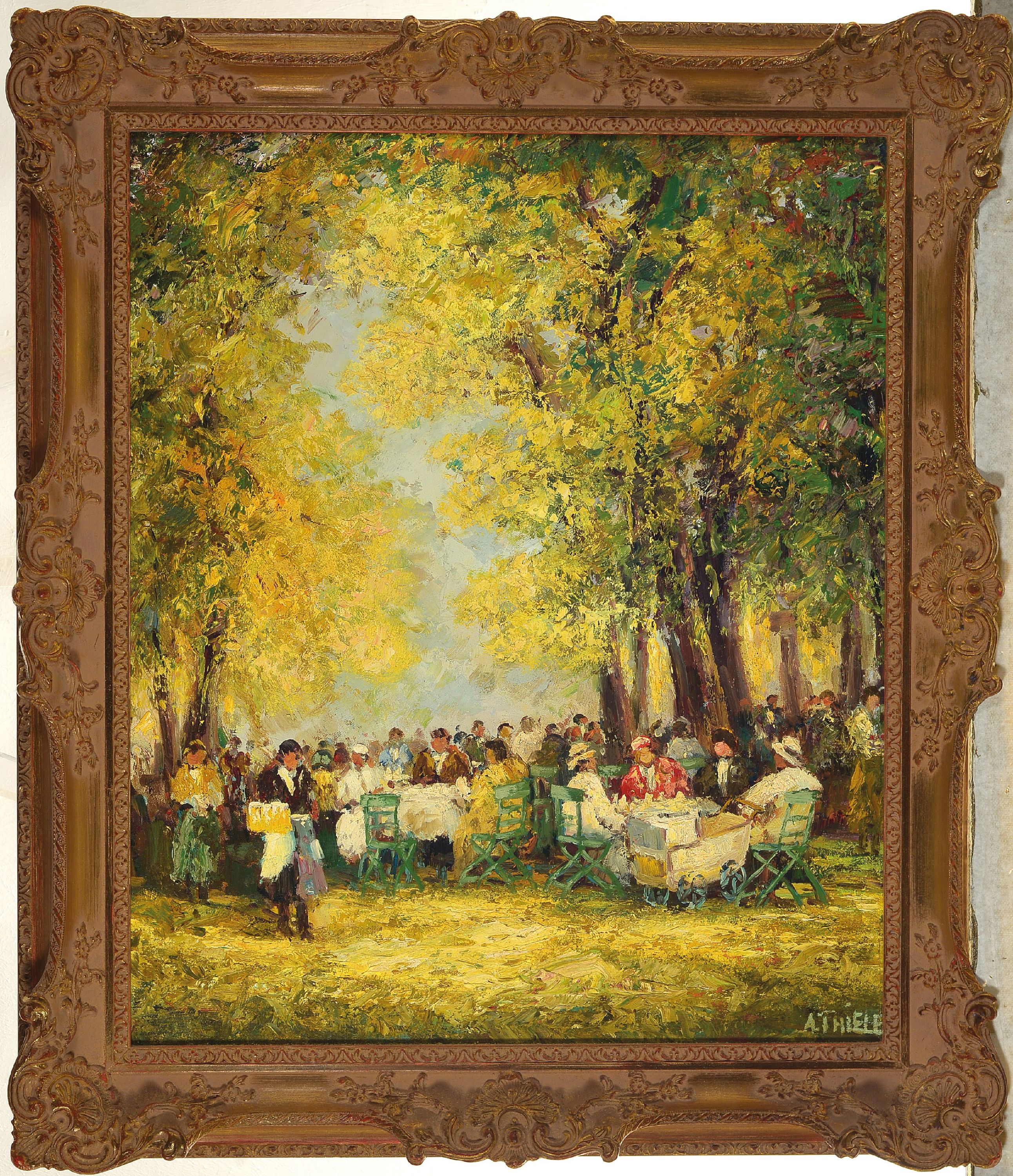 Detail k: Alexander Thiele, geb. 1924 München, "Münchener Biergarten" so verso bez., rechts unten signiert, Öl/Lwd, 60x50 cm, Rahmen 73x63cm; ...