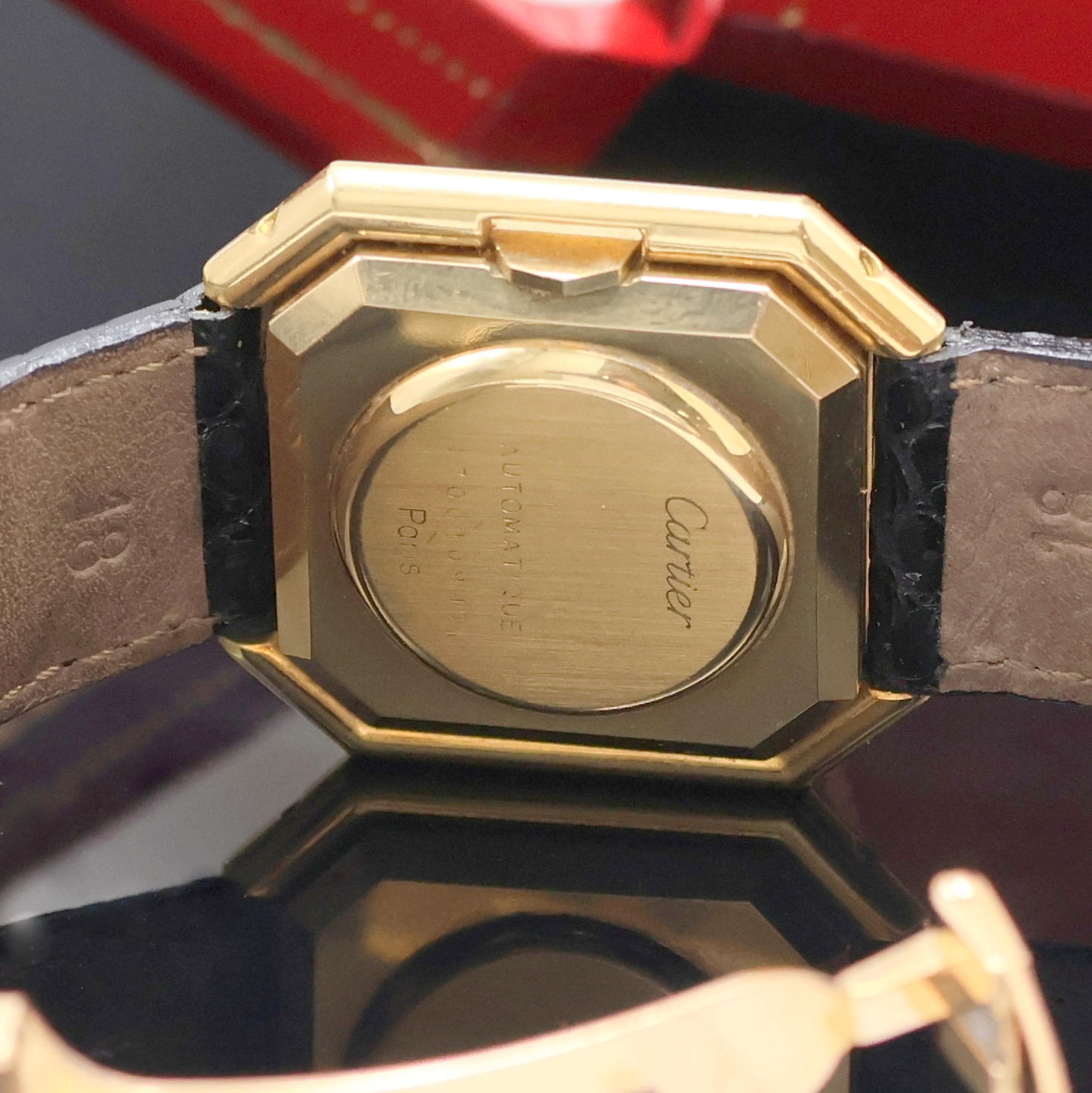 Detail f: CARTIER Paris seltene, große Armbanduhr Ceinture "Jumbo", Automatik, Frankreich/Schweiz um 1970, Boden seitl. 4- fach verschr., orig. ...