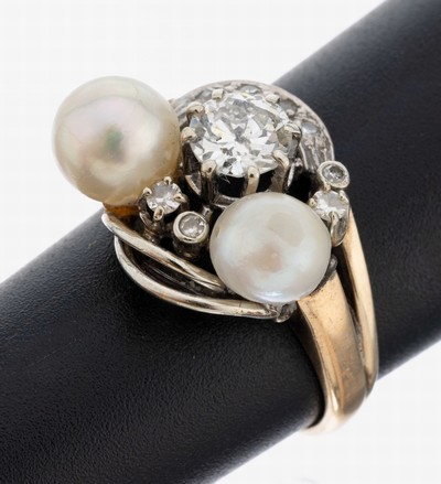 Image 14 kt Gold Perl-Diamant-Ring, 1950er Jahre, GG/WG 585/000, 2 Zuchtperlen, D. ca. 6.6 ...