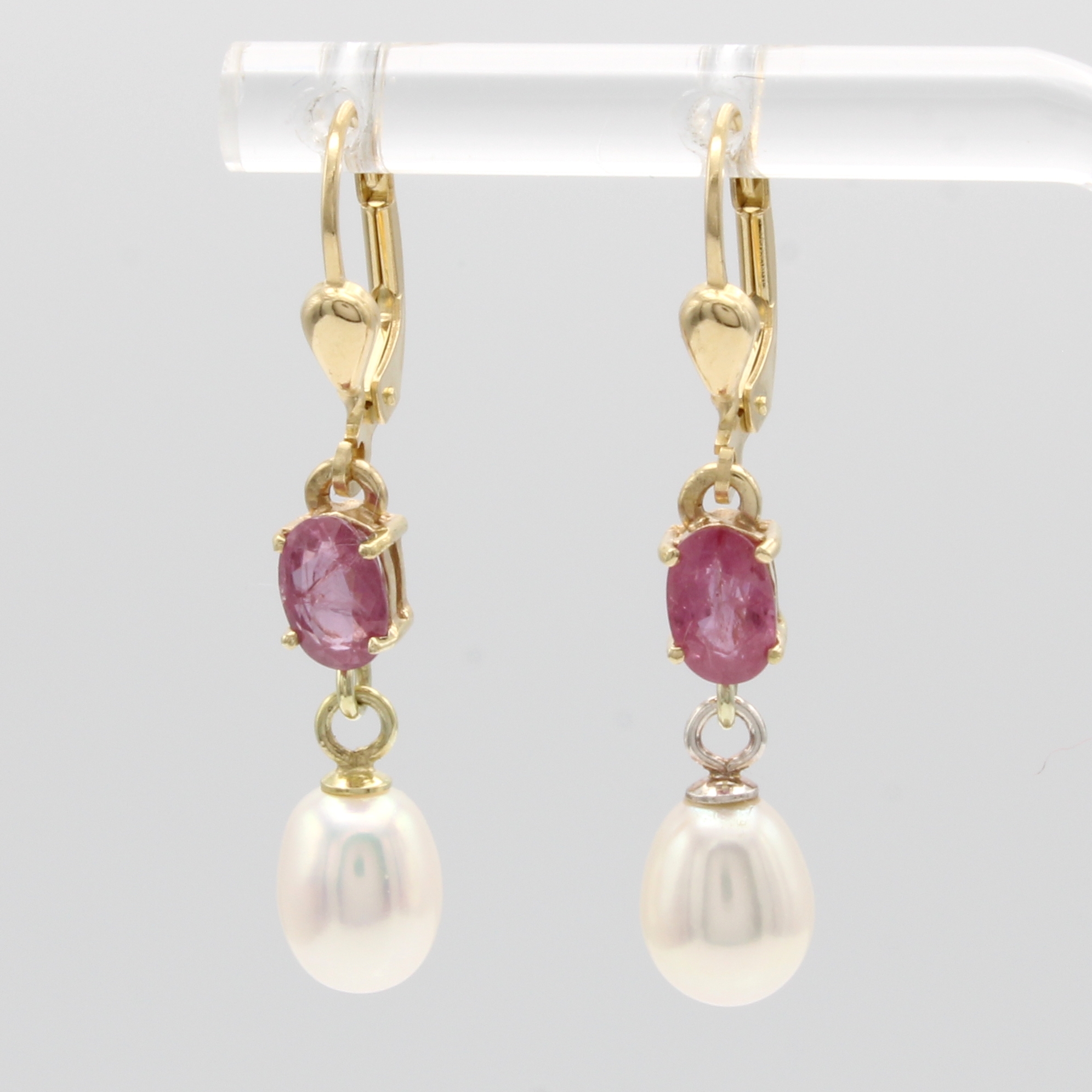 Image 27011823 - Paar Ohrgehänge mit Turmalinen und Süßwasser- zuchtperlen, GG 585/000, 2 ovale, rosa ...