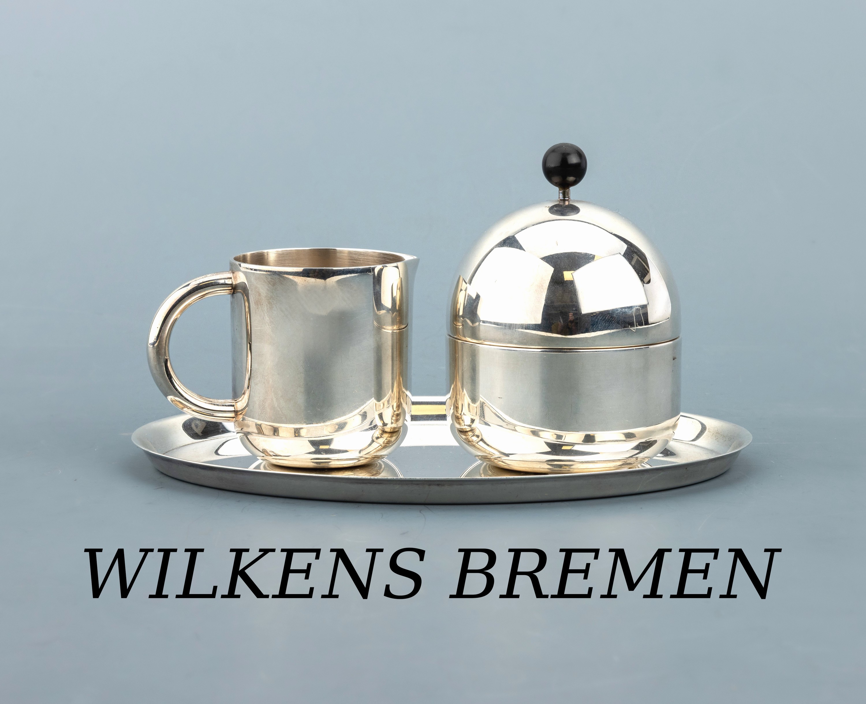 Image 27011876 - Zuckerdose und Sahnegießer auf Tablett, 1970er Jahre, 925er Silber, WILKENS, glattes ...