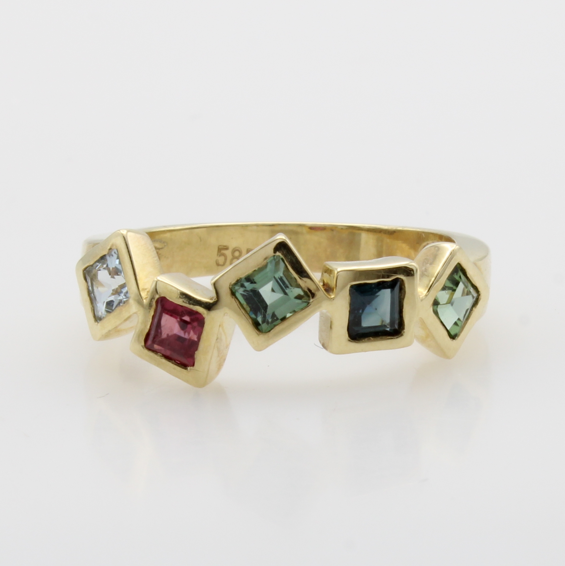 Image 27011900 - Ring mit Farbsteincarrées, GG 585/000, Peridot, Saphir, Turmalin, Rubin u. Aquamarin, ...