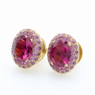 27011953c - Paar Ohrgehänge mit Südsee- u. Tahitiperle, Rubelliten und Saphiren, RG 750/000, 2 ...