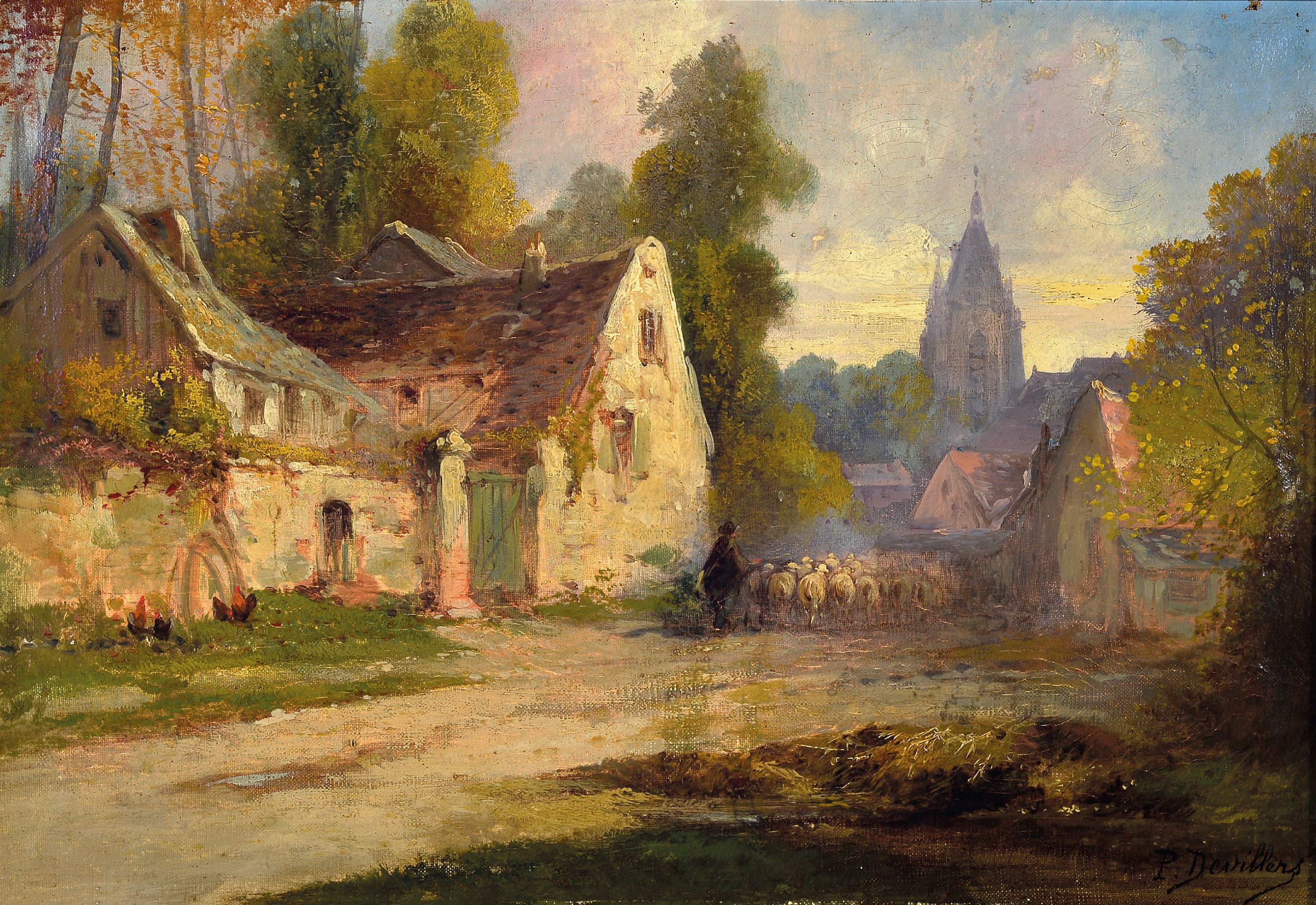 Image 27012157 - Paul Devillers, belgischer Maler des 19.Jh., Ansicht aus Antwerpen, Hirte mit Schafherde ...