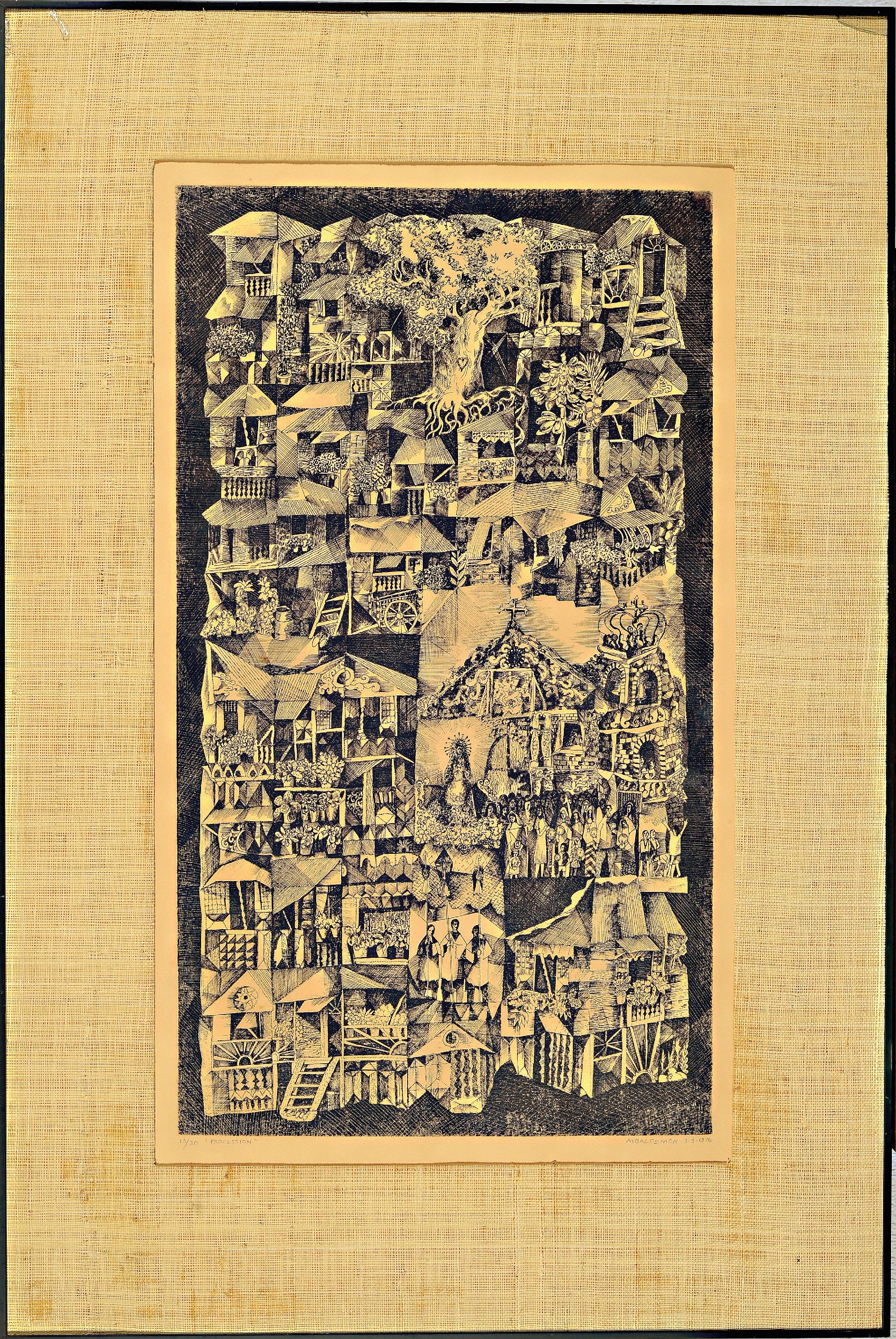 Detail k: Manuel Baldemor, geb. 1947 Philippinen, Radierung, "Procession", 3.3.1976, Ed. 13/20, handsigniert, Motiv 50x28 cm, unter Glas gerahmt ...