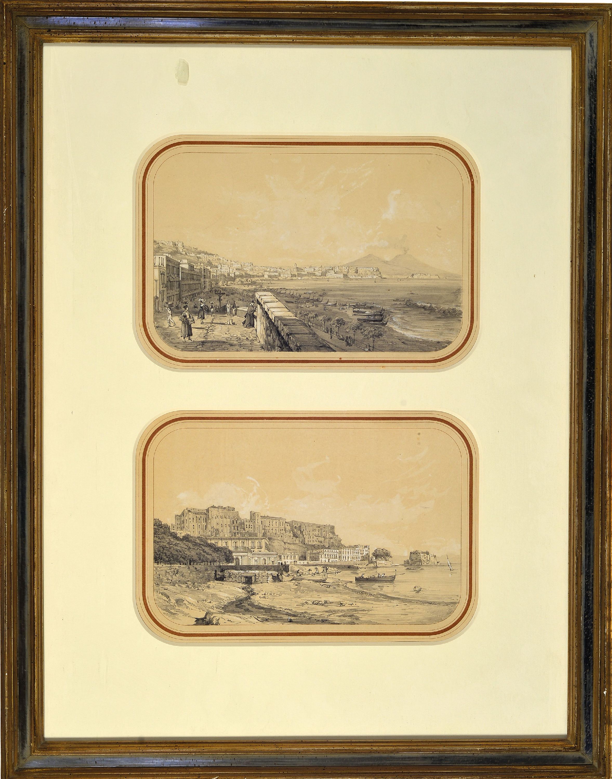 Detail k: M. Mauton, Künstler des 18./19.Jh., 2 weiß gehöhte Bleistiftzeichnungen, Ansichten des Golf von Neapel, "Neapel 1857" und "Die ...