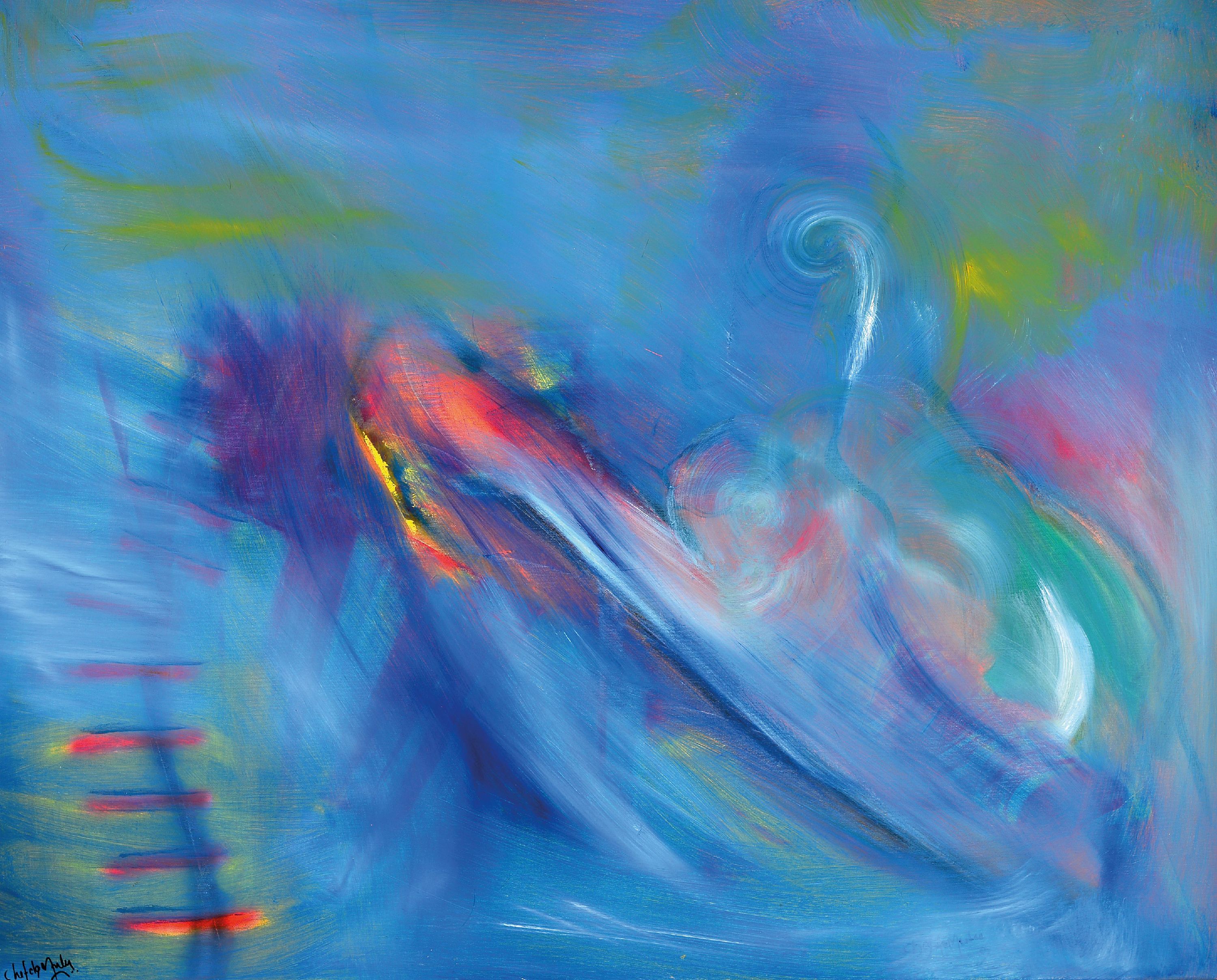Detail k: Chef de Mulu, geb. 1959, Acryl/Lwd., maritime Landschaft, abstr. Segelschiffe auf bewegtem Meer, sign., ca. 80 x 100cm