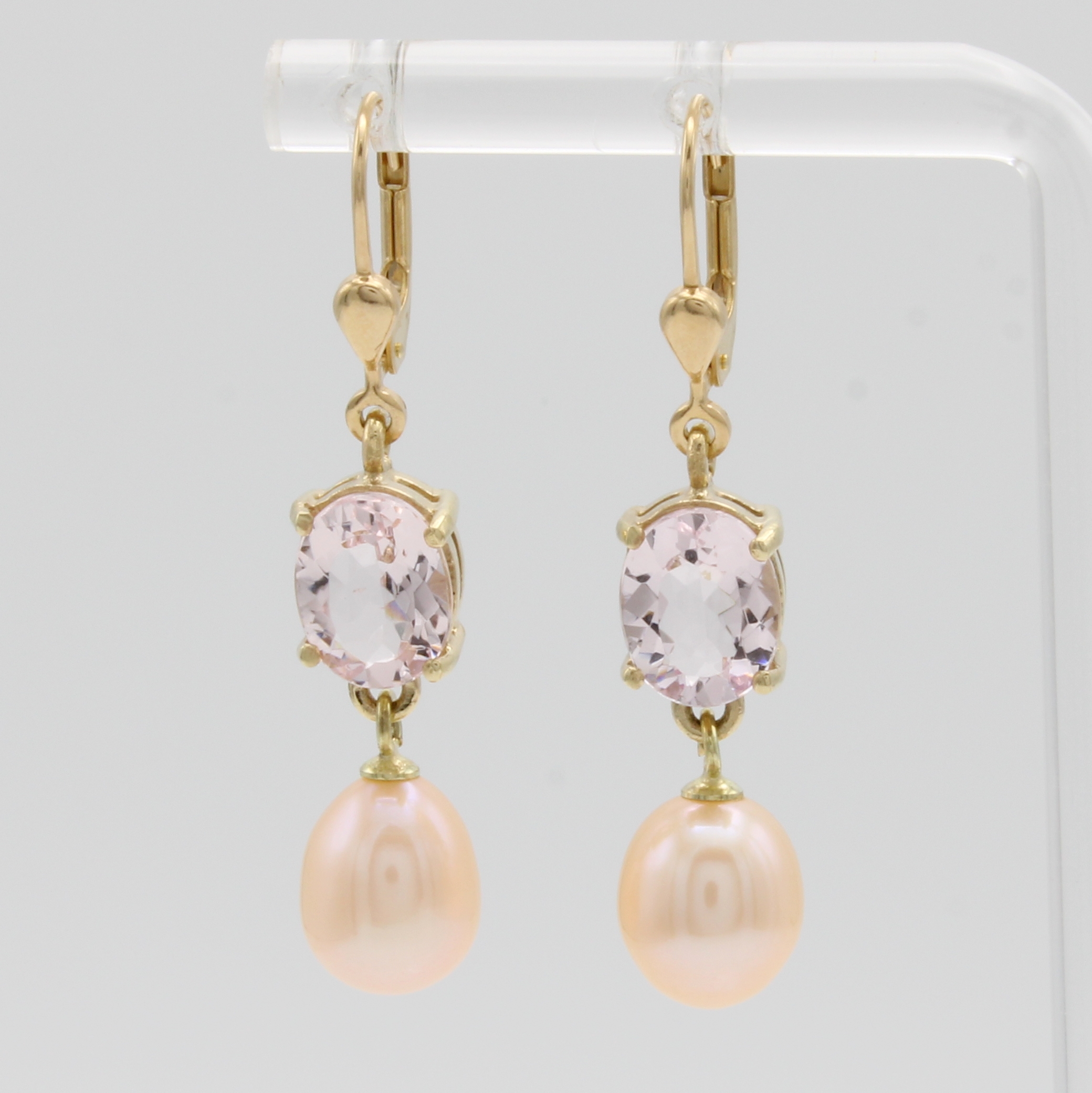 Image 27012308 - Paar Ohrgehänge mit Morganiten und Süßwasser- zuchtperlen, GG 585/000, 2 ovale ...
