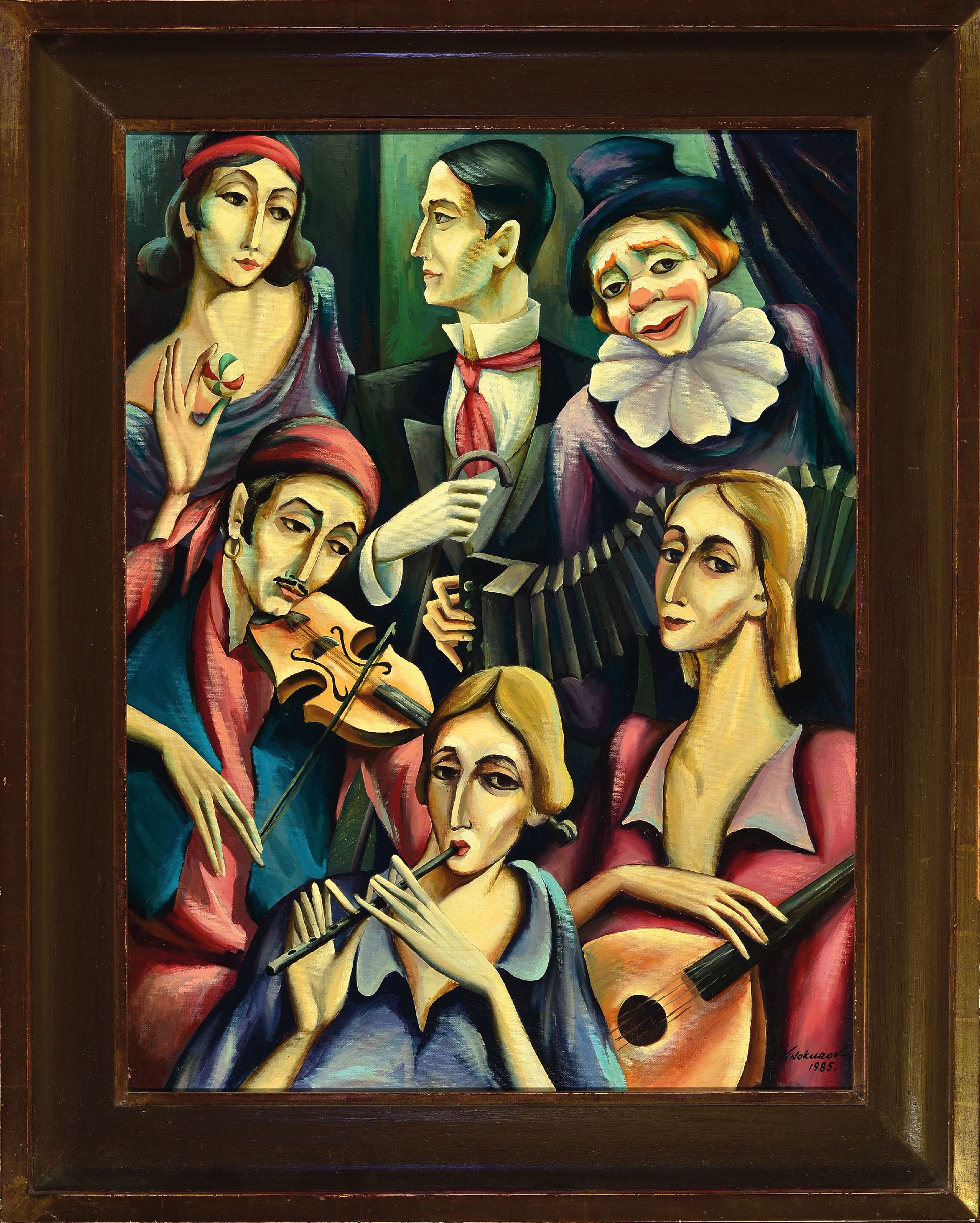 Detail k: Valery Vinokurov, 1948-2025, Figurengruppe von sechs Schaustellern und Musikern, in kubistischer Manier, 86x66 cm, Öl/Lwd, Rahmen 107x88 cm