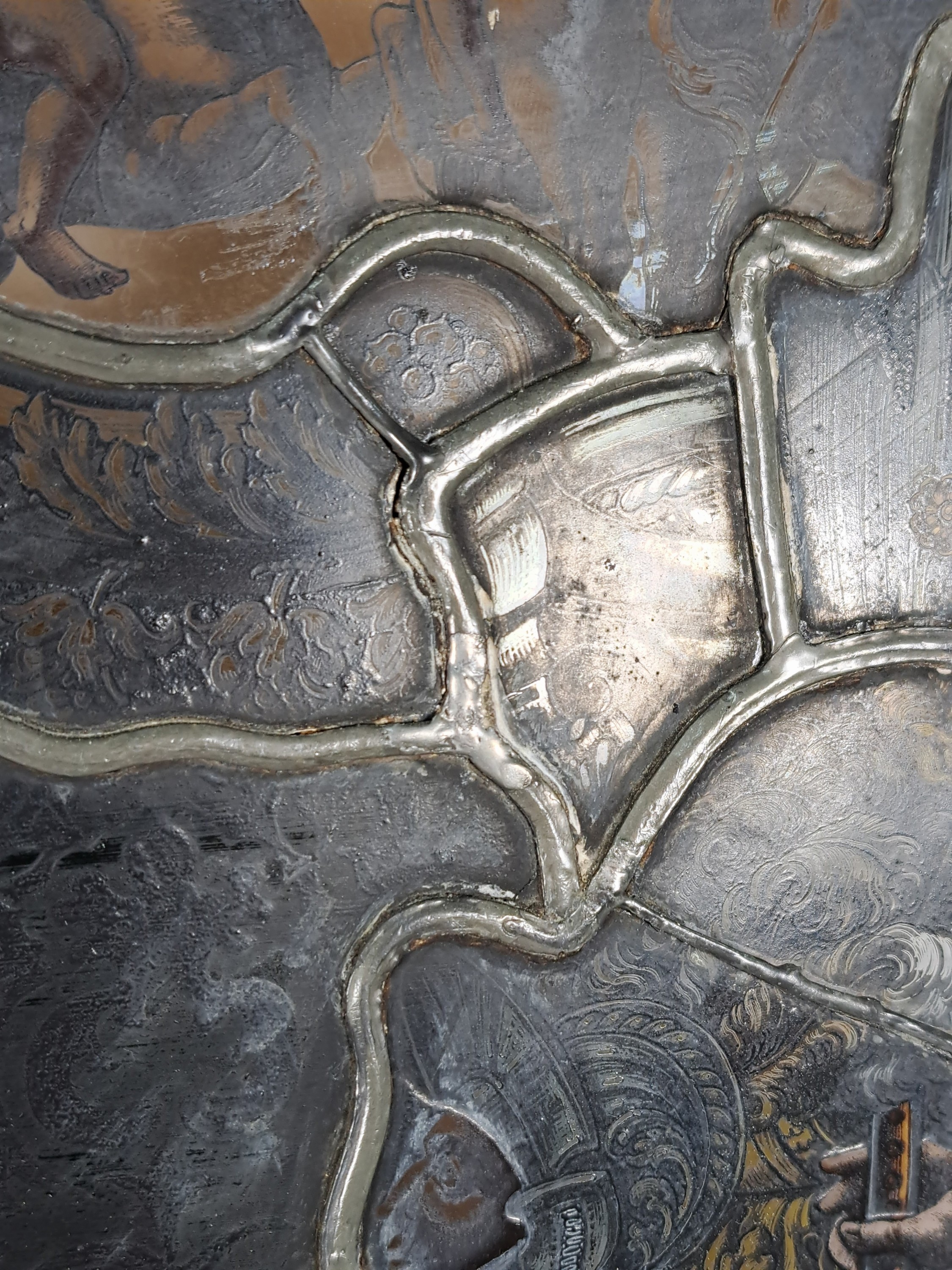 Detail c: Zwei Bleiverglasungen, Bleiglasfenster,, Historismus, um 1880, Renaissancedarstellungen mit Edelmännern in Rüstung und Wappen, z.T. Verbleiung ...