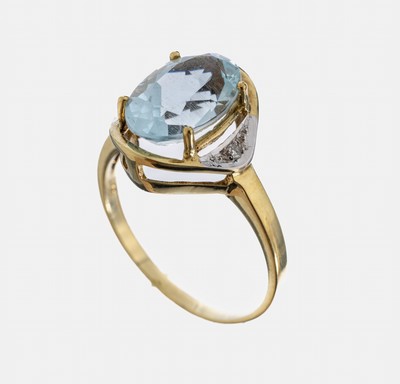 Image 14 kt Gold Aquamarin-Diamant-Ring, GG 585/000, ovalfacett. Aquamarin ca. 2.10 ct, 2 ...