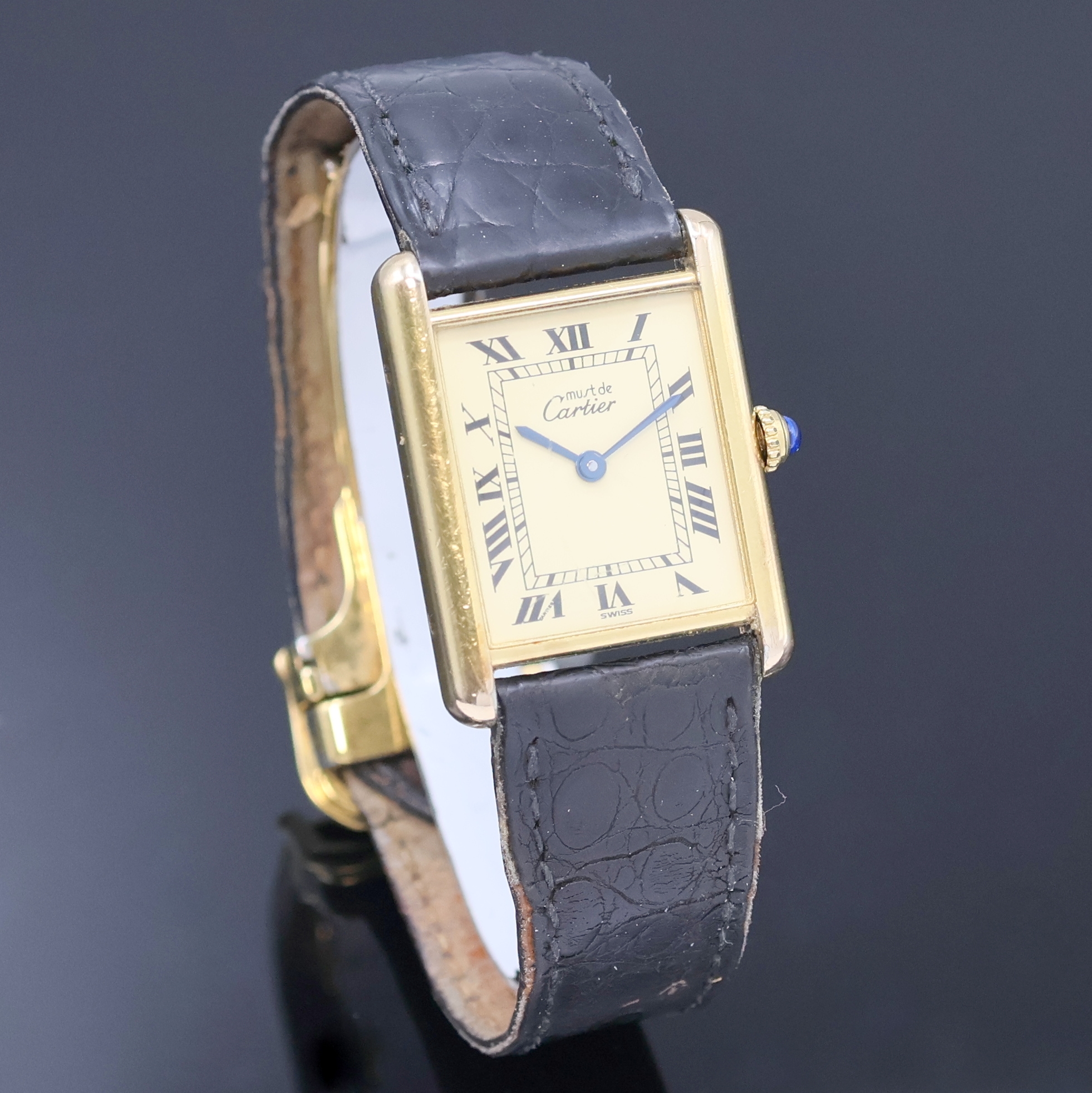 Detail b: CARTIER Damenarmbanduhr Tank Vermeil Referenz 1615, Schweiz um 1990, quarz, verg. Sterlingsilbergeh. inkl. Lederband m. orig. Faltschl., Boden 4-fach ...