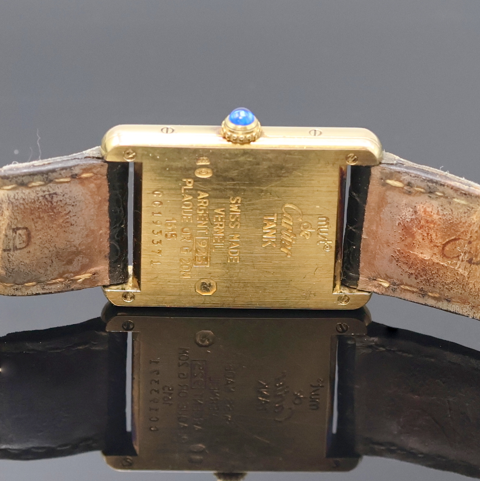 Detail f: CARTIER Damenarmbanduhr Tank Vermeil Referenz 1615, Schweiz um 1990, quarz, verg. Sterlingsilbergeh. inkl. Lederband m. orig. Faltschl., Boden 4-fach ...