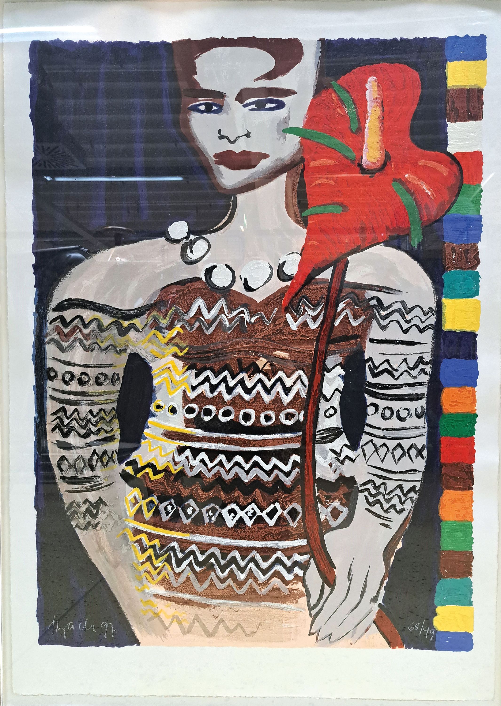 Detail k: Elvira Bach, 1951 Neuenhain, Lithographie, Flower Power II, num. 68/99, handsigniert, 107 x 73 cm, unter Glas Rahmen, 131 x 98 cm