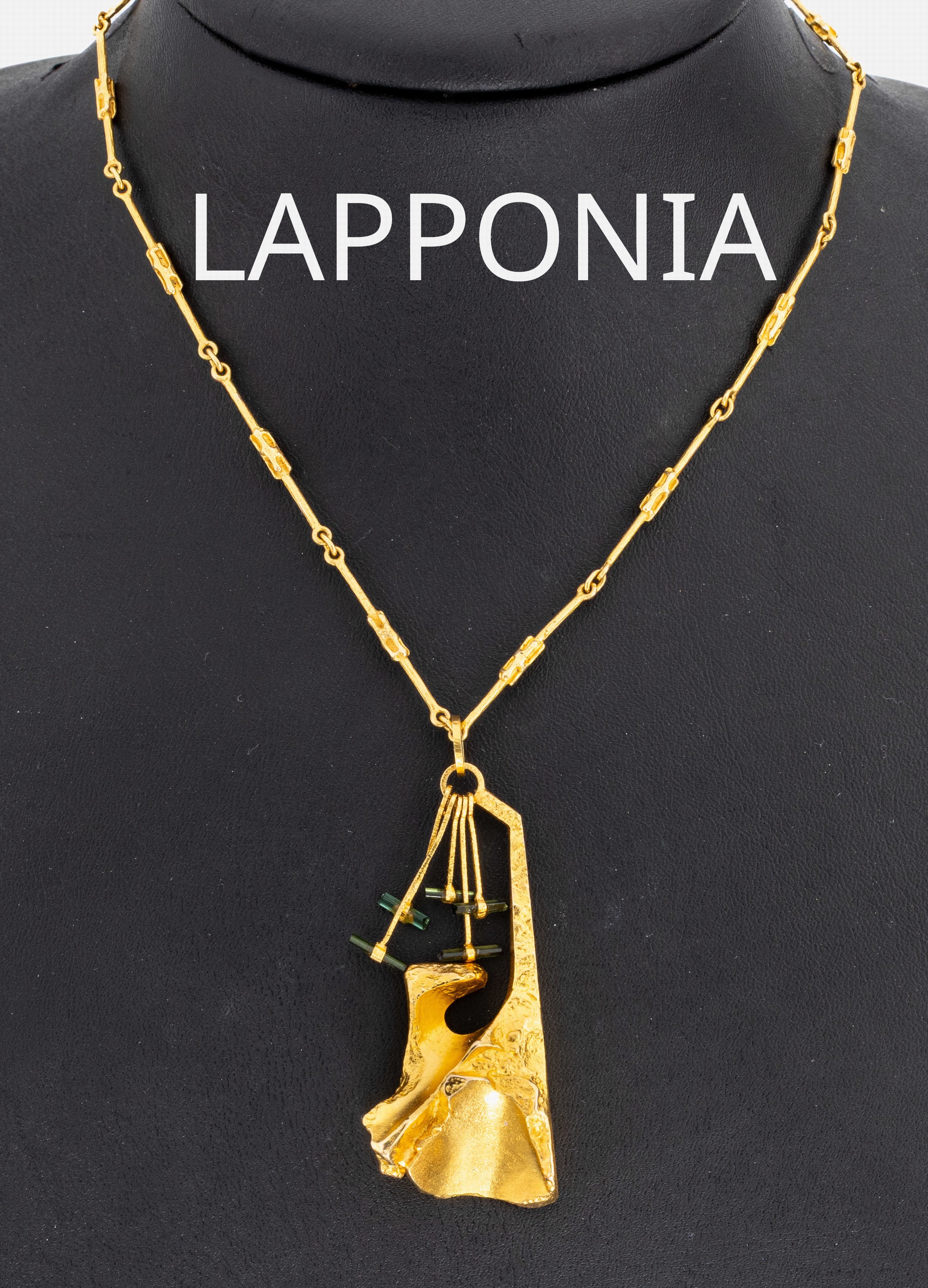 14 kt Gold LAPPONIA Turmalin-Collier, Finnland, 1976, GG 585/000, typ. abstraktesDesign, 5 bewegl. Elemente mit kl. Turmalin- Stäben, L. ca. 50 cm, ...