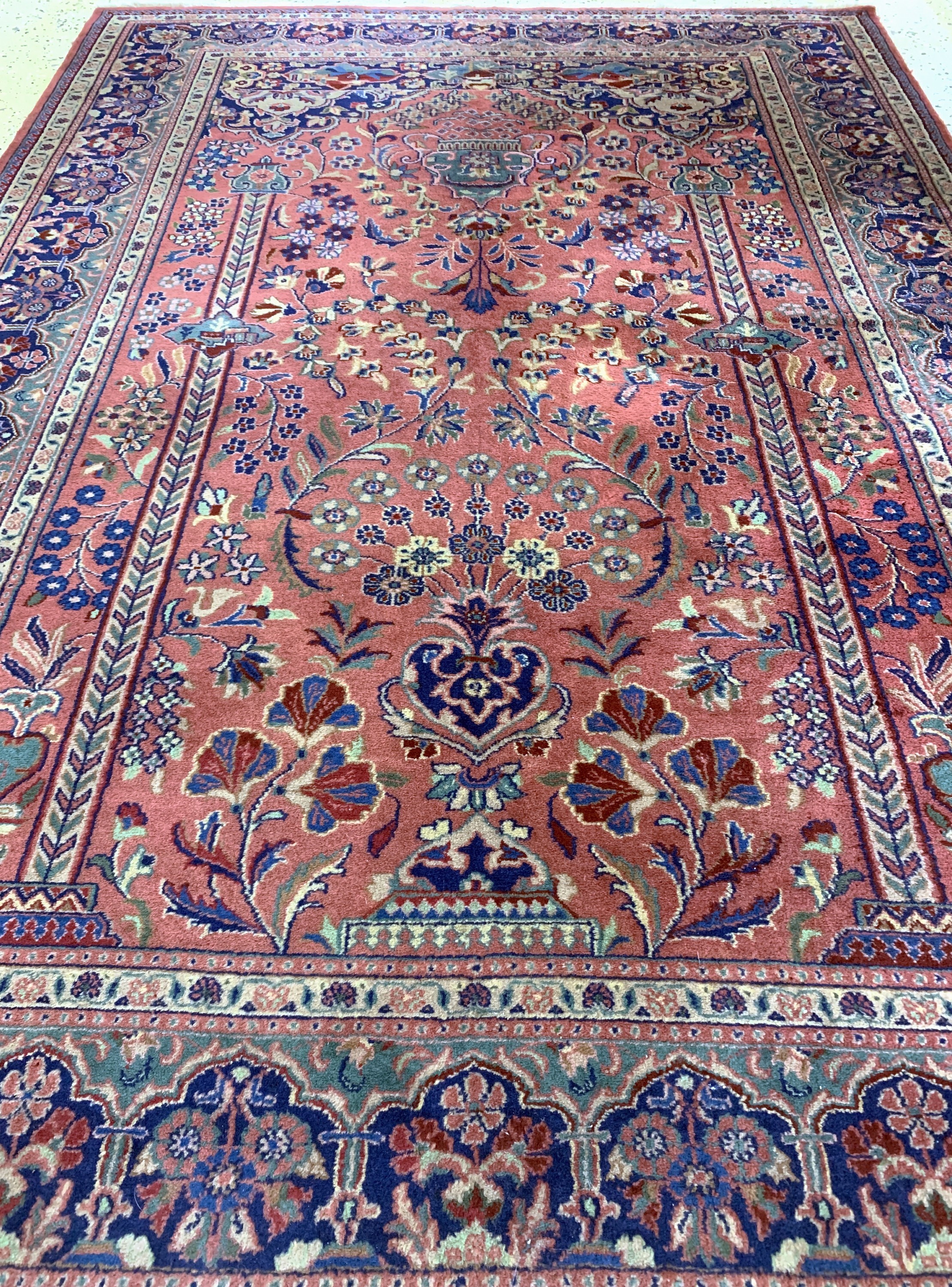 Detail d: Keschan fein, Indien, Ende 20.Jhd, Korkwolle auf Baumwolle, ca. 210 x 140 cm, Reinigungsbedürftig, EHZ: 2