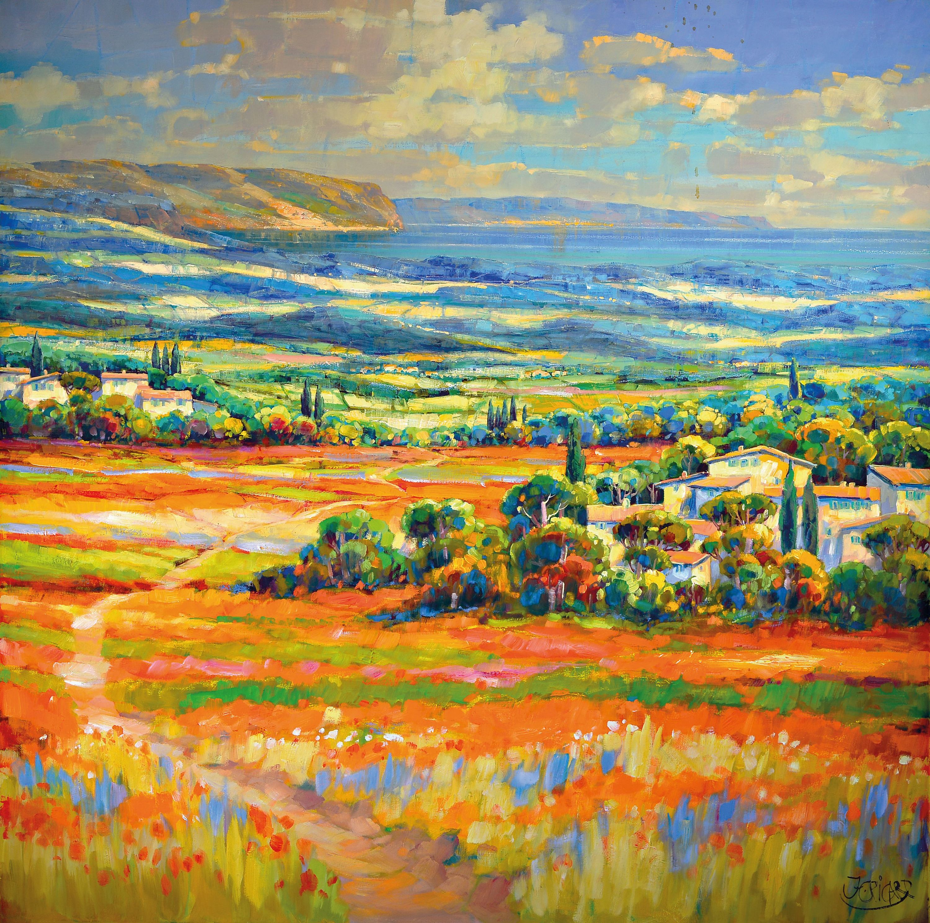 Detail a: Jean Claude Picard, geb. 1945,lebt und arbeitet in Mallorca, Triptychon: Toskanische Weite, Acryl auf Lwd, signiert, Seiten je ca. 120x60 cm, ...