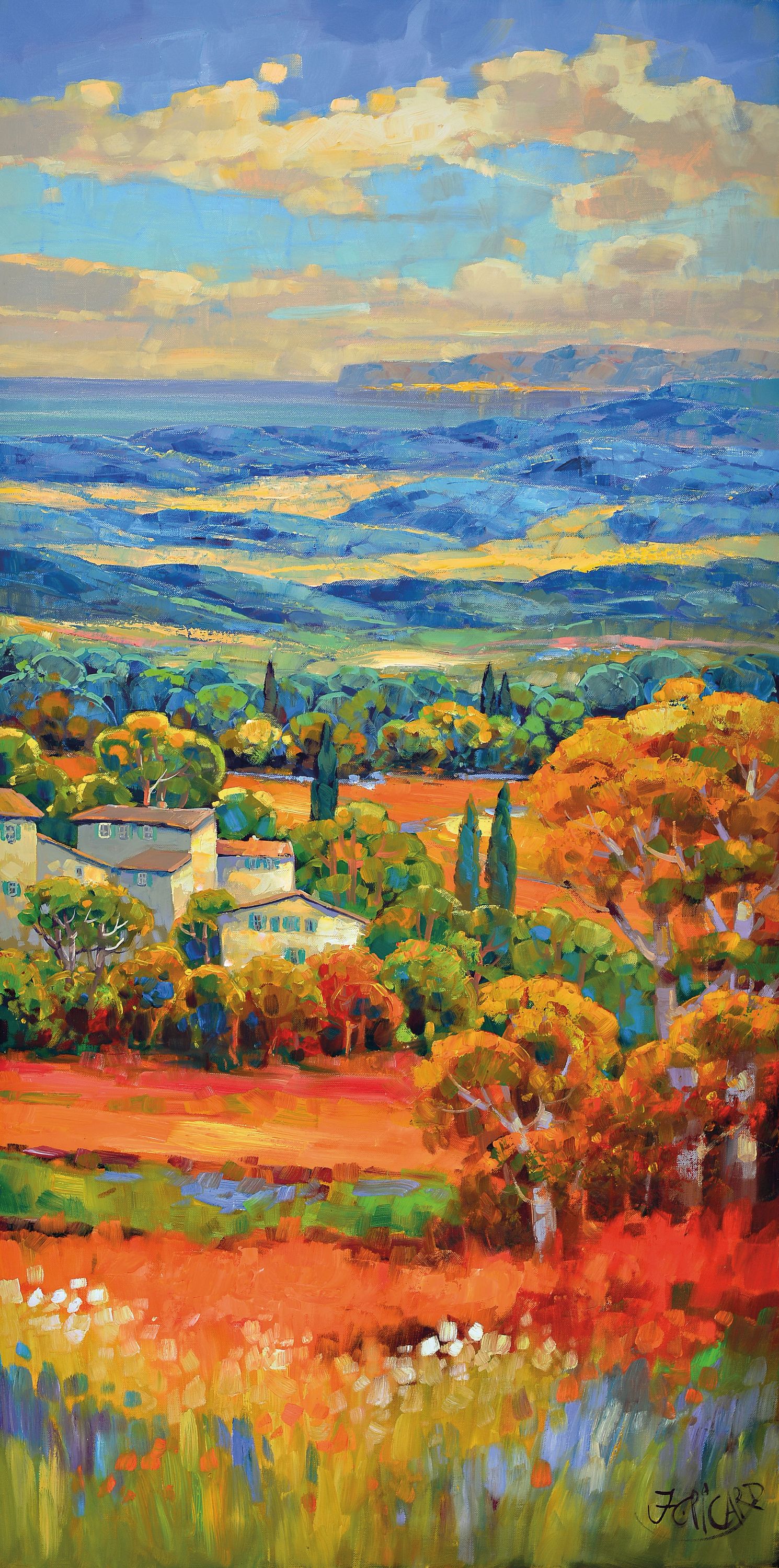 Detail b: Jean Claude Picard, geb. 1945,lebt und arbeitet in Mallorca, Triptychon: Toskanische Weite, Acryl auf Lwd, signiert, Seiten je ca. 120x60 cm, ...
