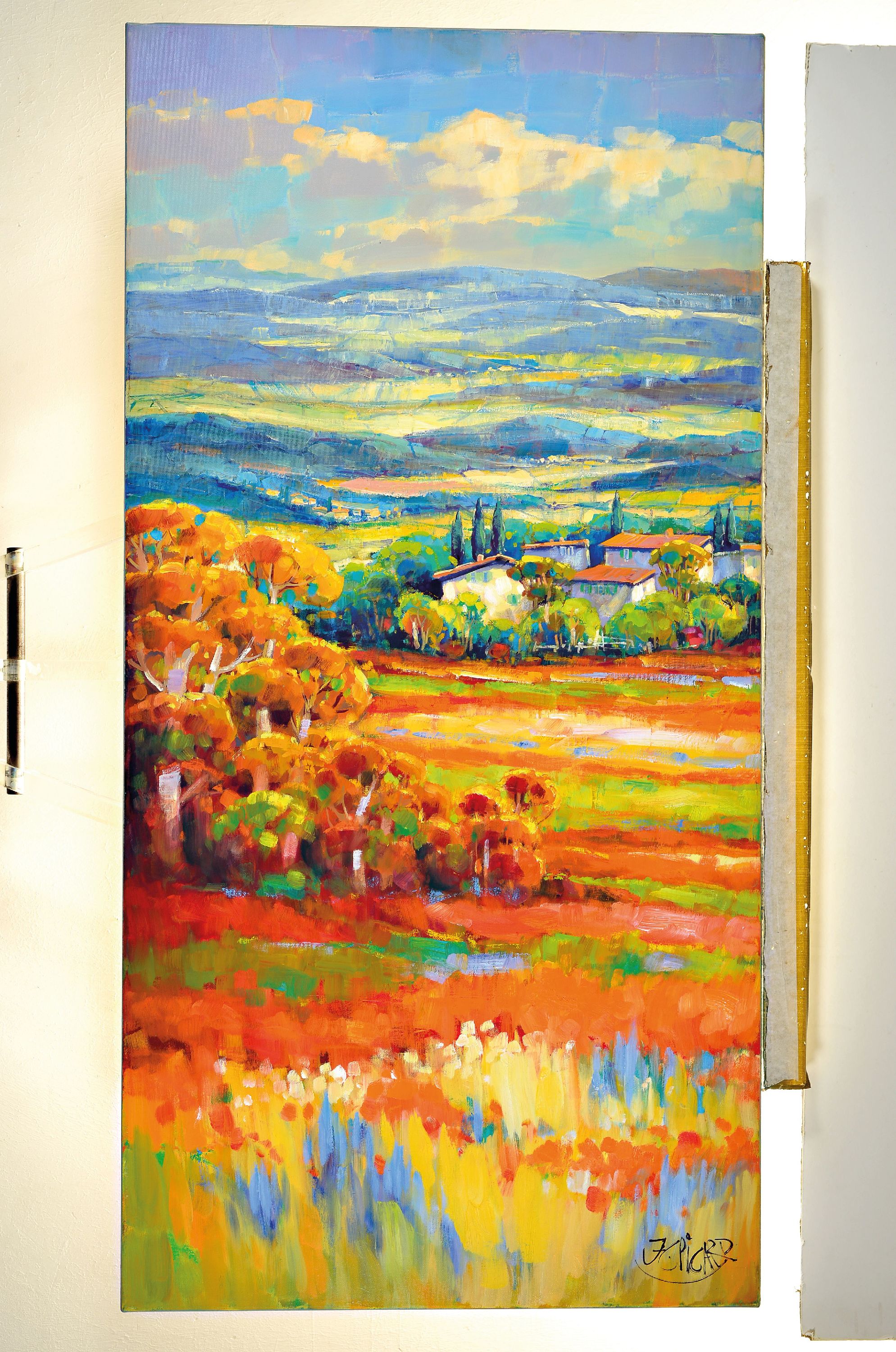 Detail k: Jean Claude Picard, geb. 1945,lebt und arbeitet in Mallorca, Triptychon: Toskanische Weite, Acryl auf Lwd, signiert, Seiten je ca. 120x60 cm, ...