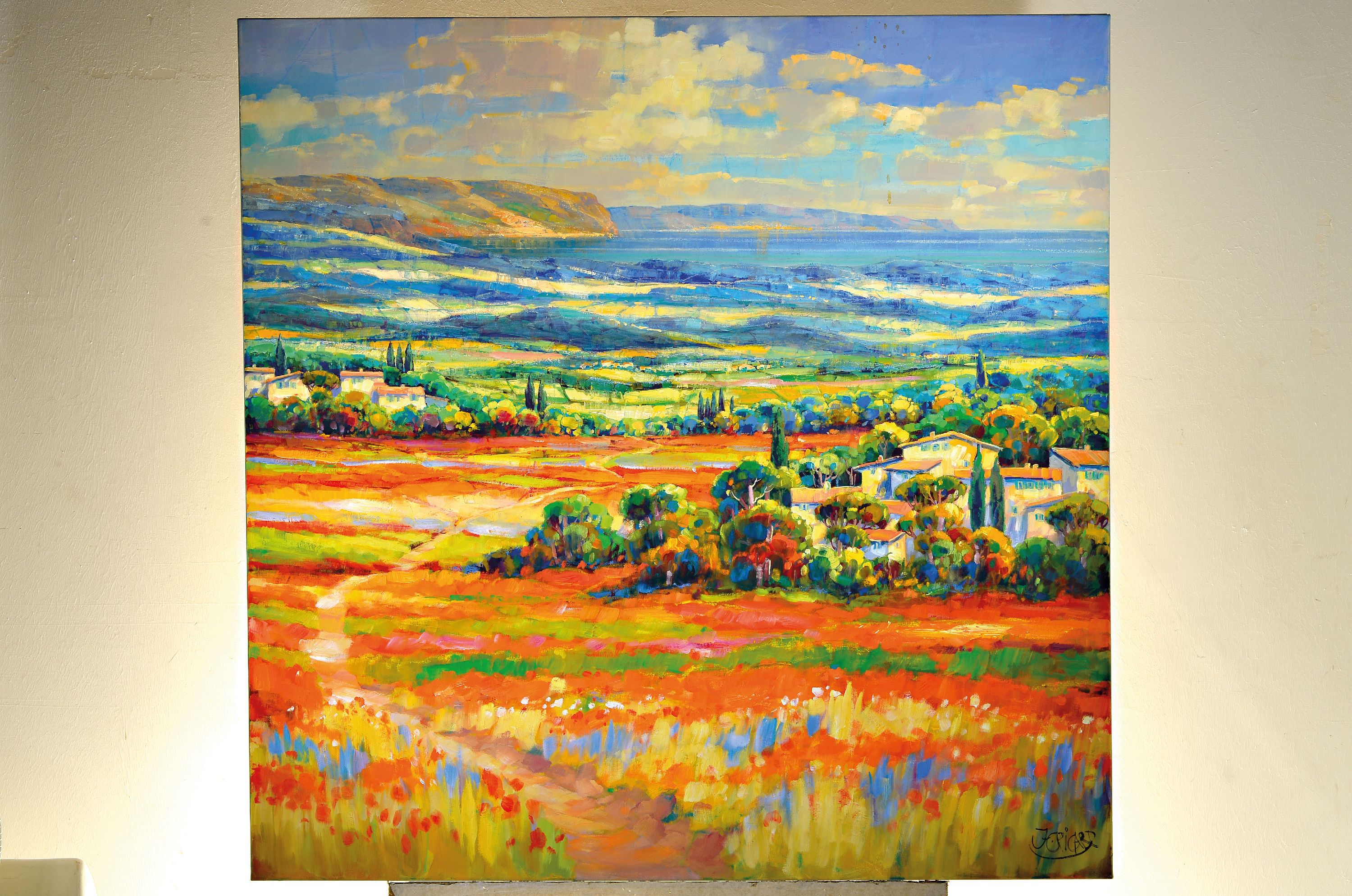 Detail l: Jean Claude Picard, geb. 1945,lebt und arbeitet in Mallorca, Triptychon: Toskanische Weite, Acryl auf Lwd, signiert, Seiten je ca. 120x60 cm, ...