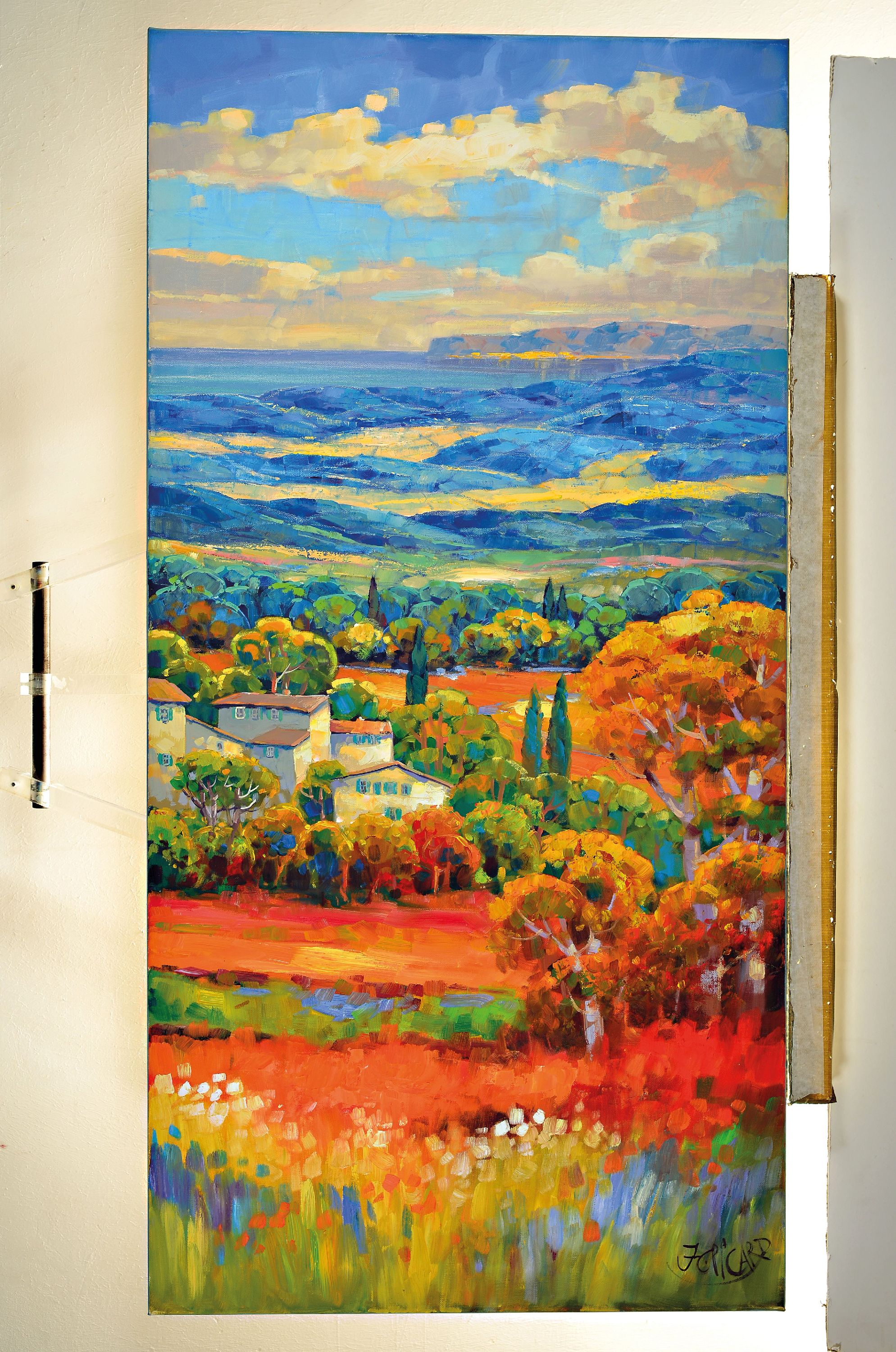 Detail m: Jean Claude Picard, geb. 1945,lebt und arbeitet in Mallorca, Triptychon: Toskanische Weite, Acryl auf Lwd, signiert, Seiten je ca. 120x60 cm, ...